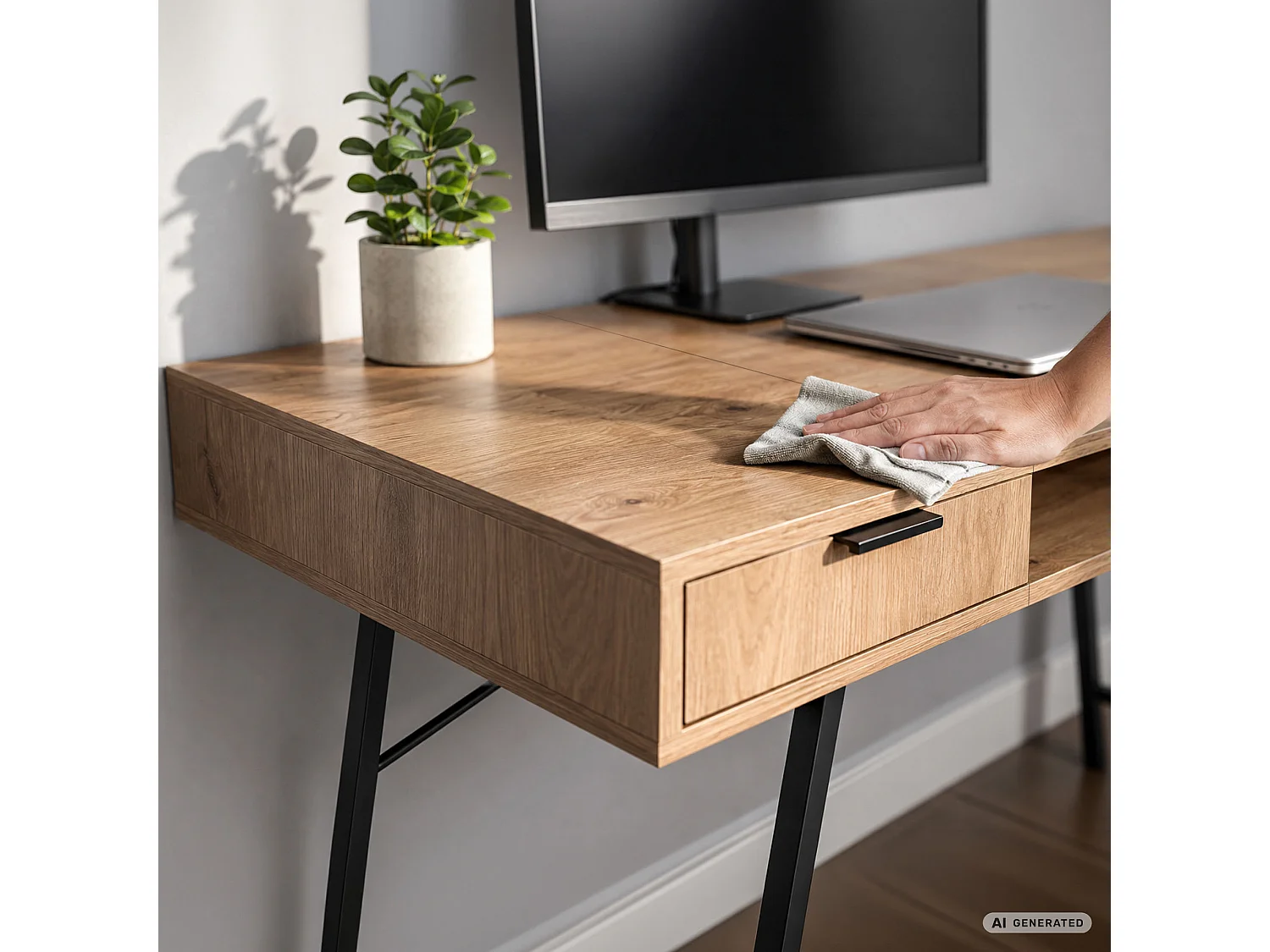 Secretária industrial para computador Carvalho Artisan ARDEN 120 cm 2 gavetas 1 prateleira pés pretos