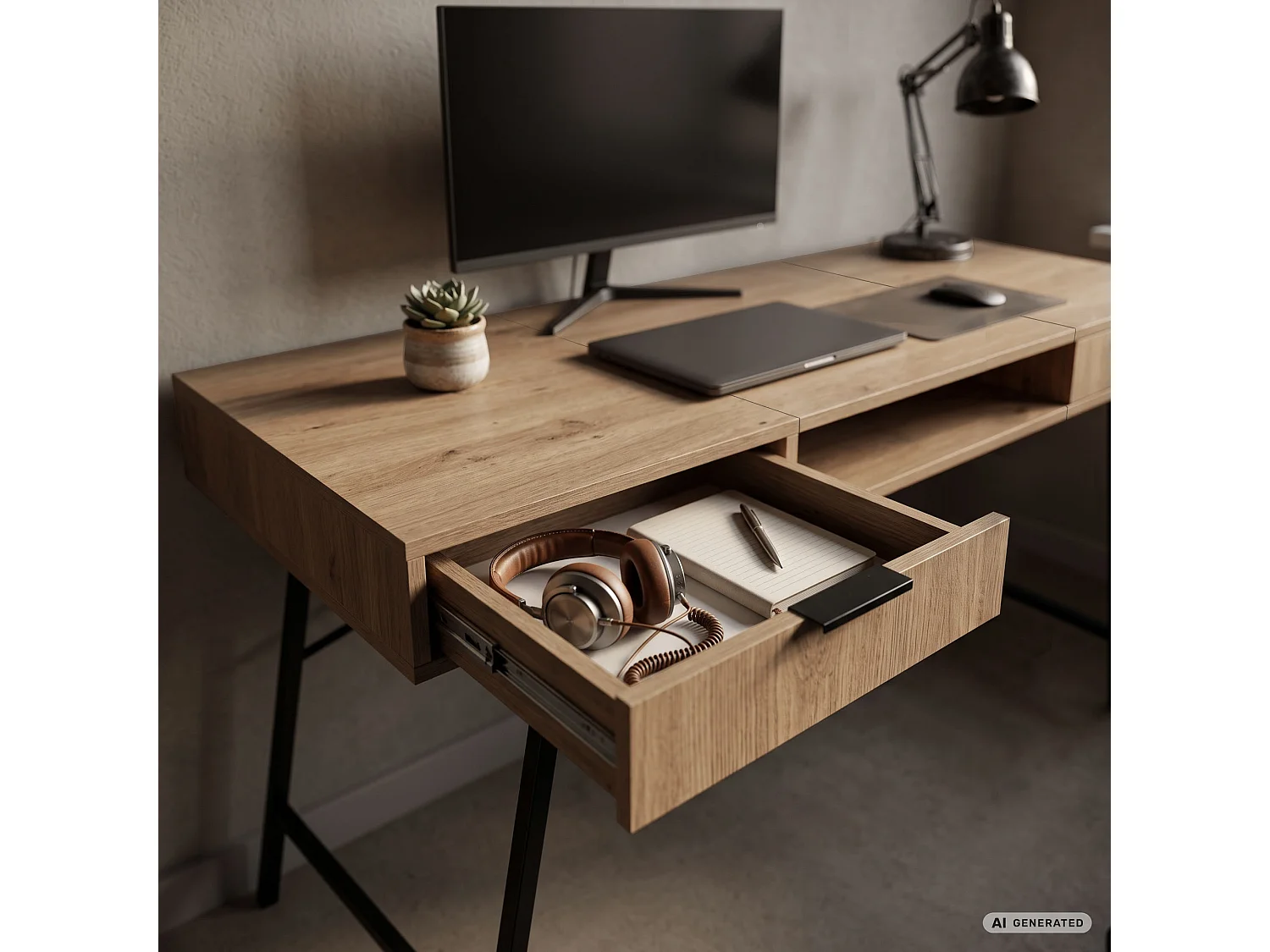 Secretária industrial para computador Carvalho Artisan ARDEN 120 cm 2 gavetas 1 prateleira pés pretos