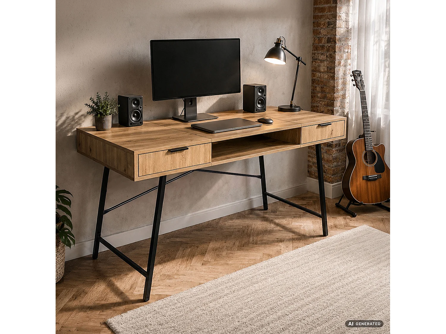 Secretária industrial para computador Carvalho Artisan ARDEN 120 cm 2 gavetas 1 prateleira pés pretos