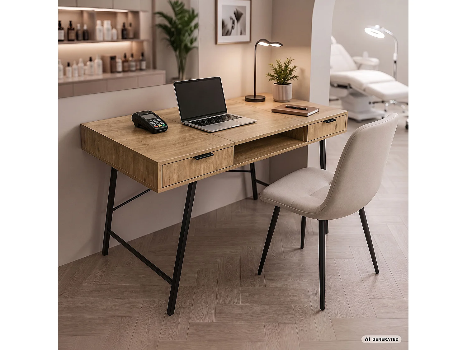 Secretária industrial para computador Carvalho Artisan ARDEN 120 cm 2 gavetas 1 prateleira pés pretos