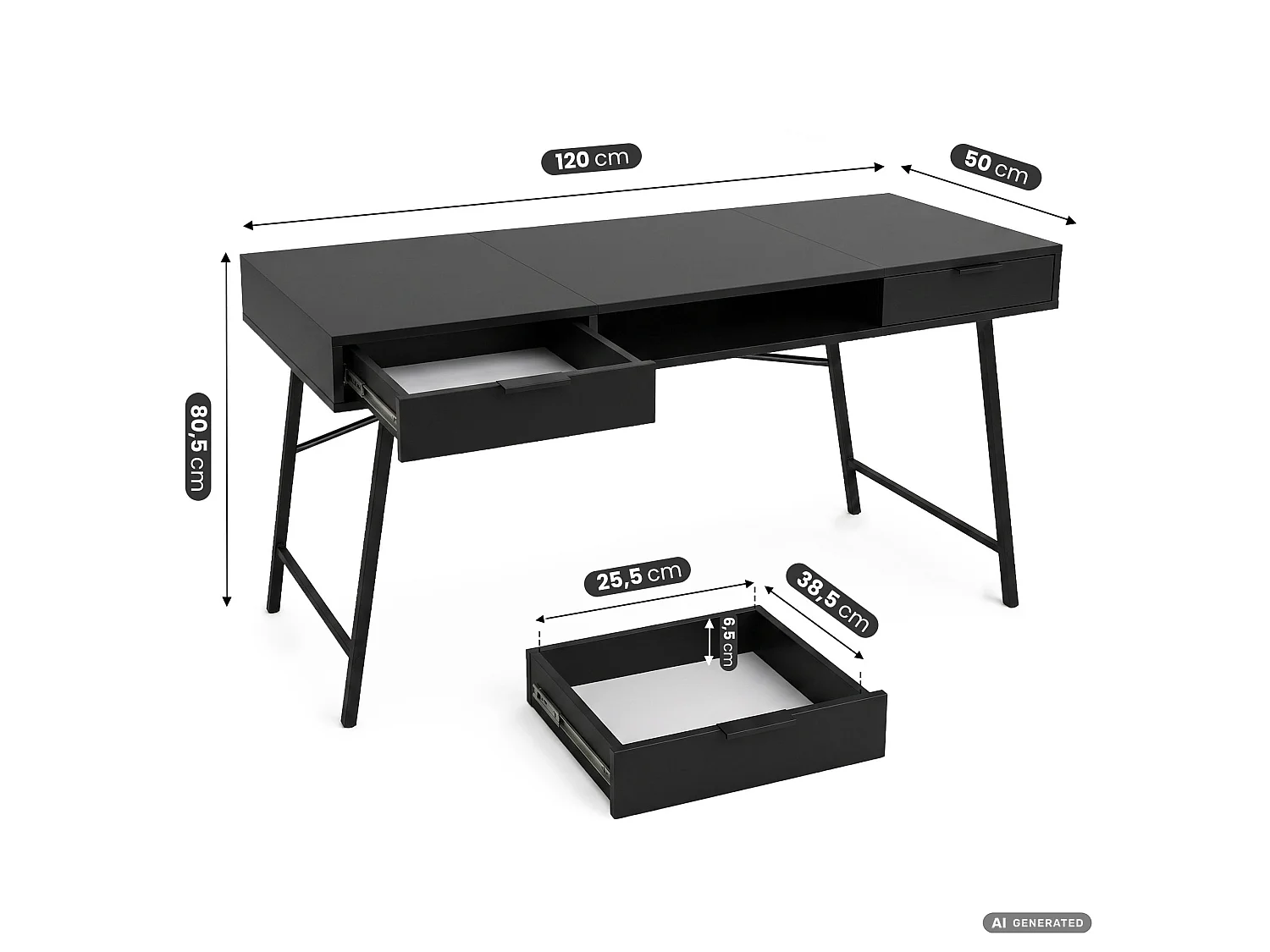 Industrieel computerbureau Zwart ARDEN 120 cm 2 lades 1 plank Zwarte poten