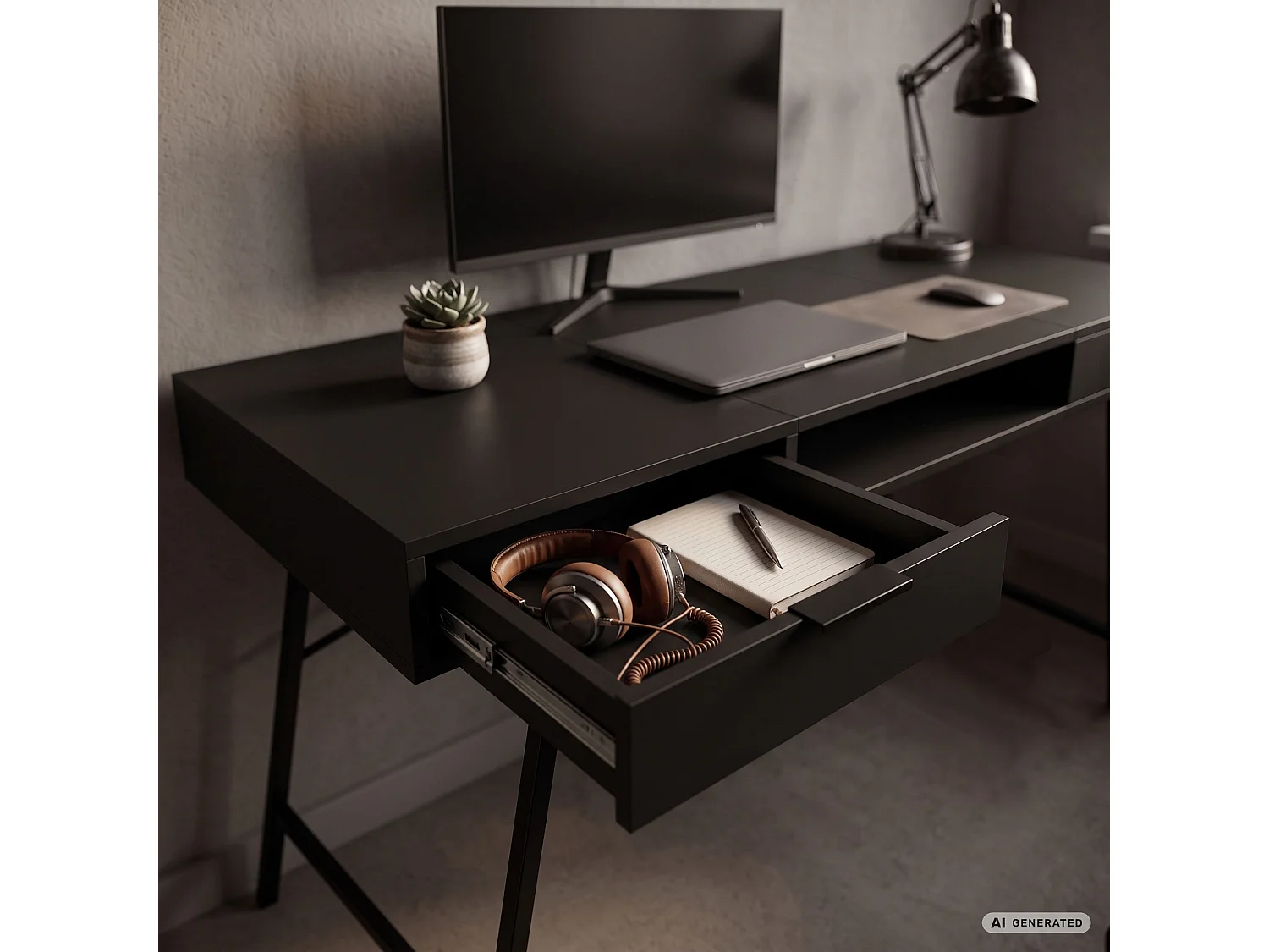 Industrieel computerbureau Zwart ARDEN 120 cm 2 lades 1 plank Zwarte poten
