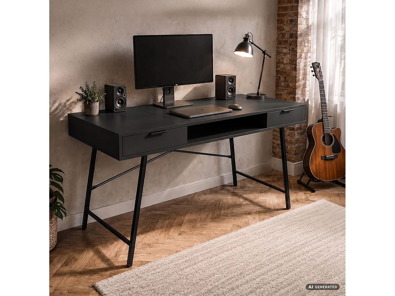Industrieel computerbureau Zwart ARDEN 120 cm 2 lades 1 plank Zwarte poten