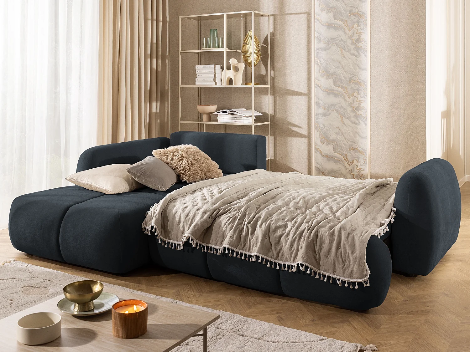 Canapé d’angle avec fonction couchage en tissu tissé LORETTO