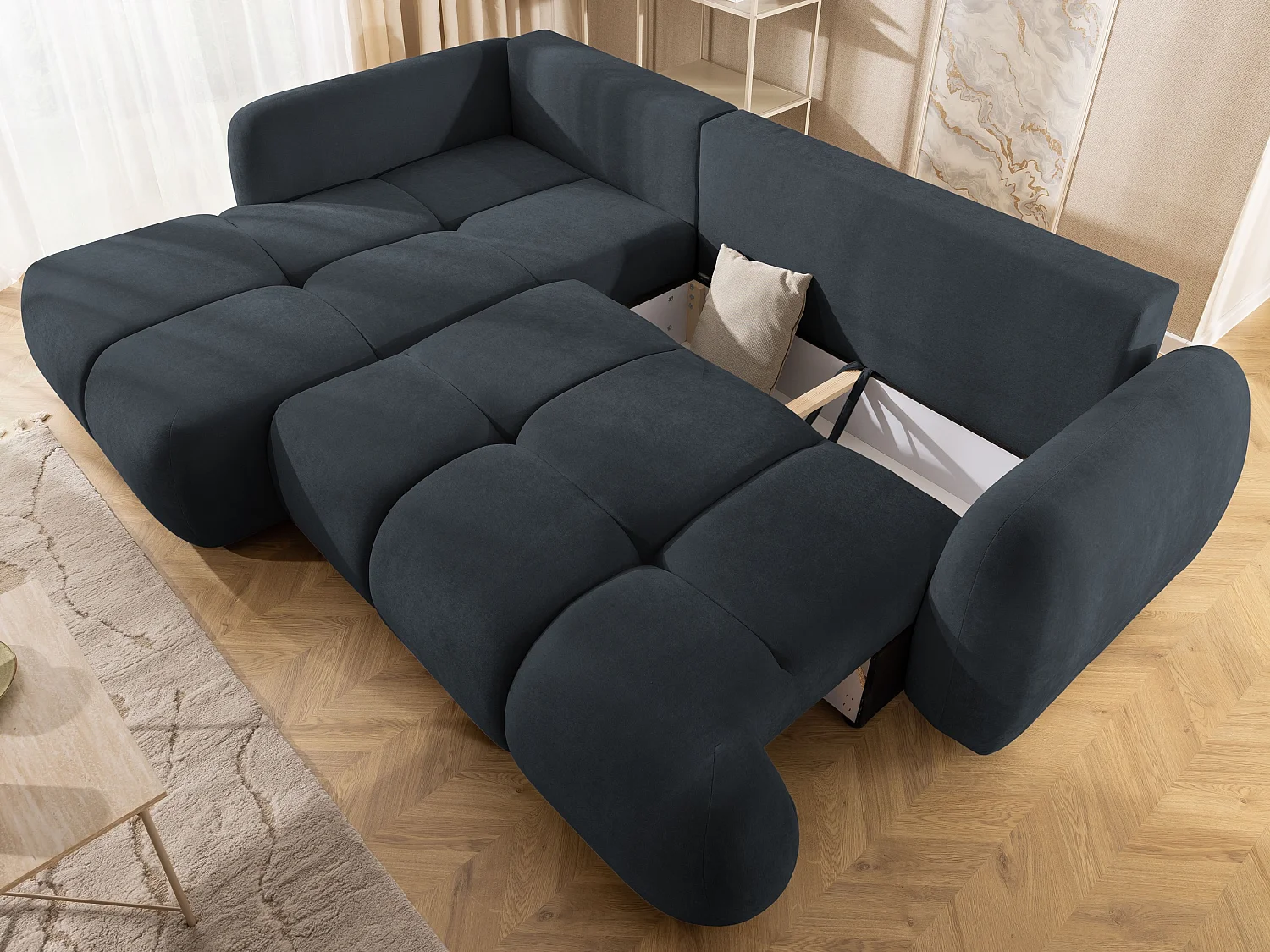 Canapé d’angle avec fonction couchage en tissu tissé LORETTO