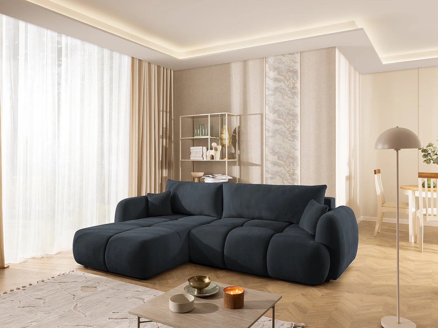 Canapé d’angle avec fonction couchage en tissu tissé LORETTO