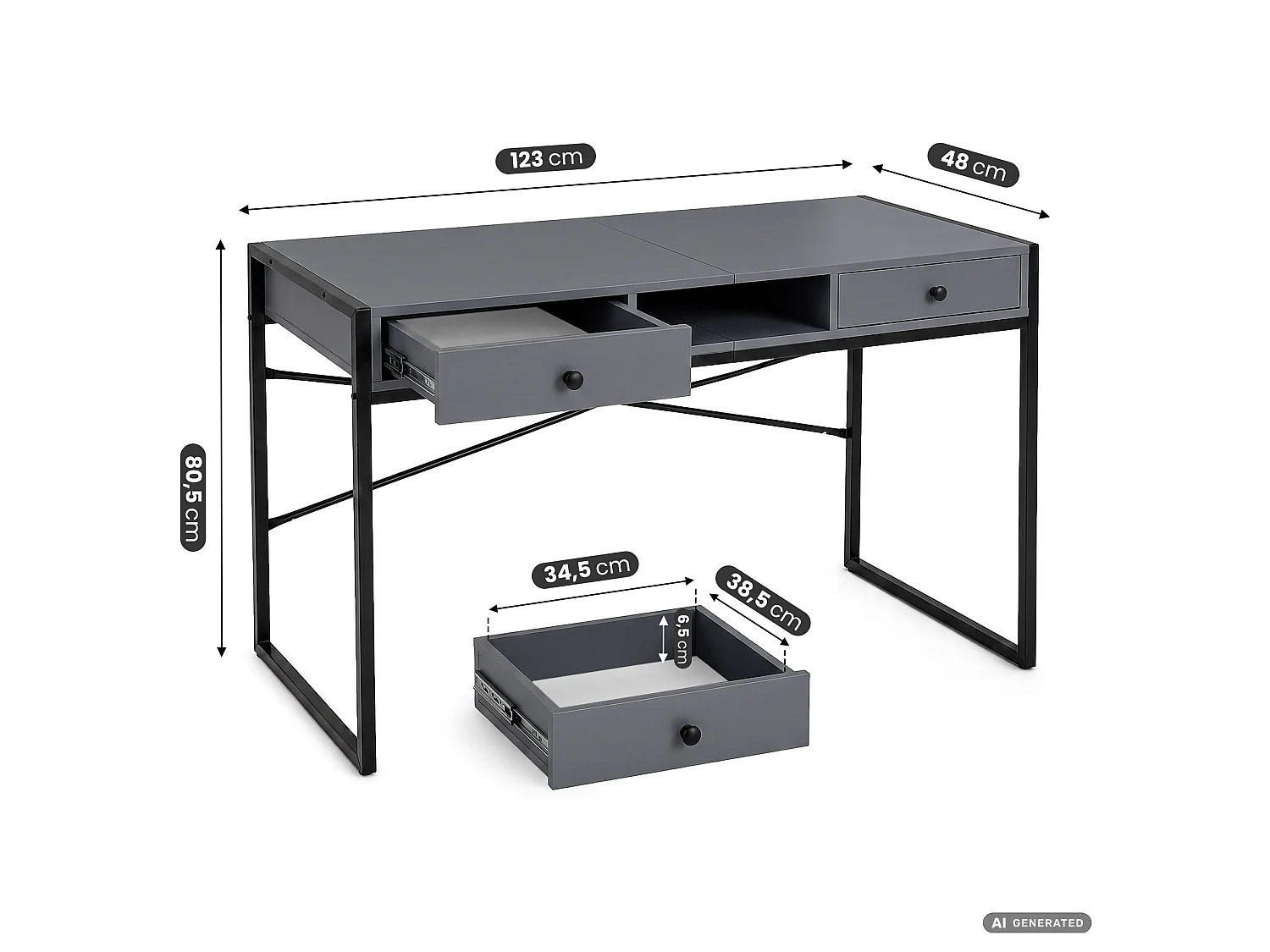 Industrieel computerbureau Grafiet ELONIS 123 cm 2 lades 1 plank Zwarte poten