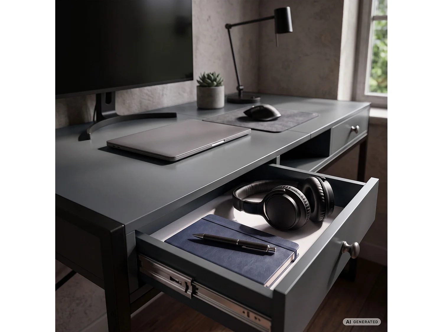 Industrieel computerbureau Grafiet ELONIS 123 cm 2 lades 1 plank Zwarte poten