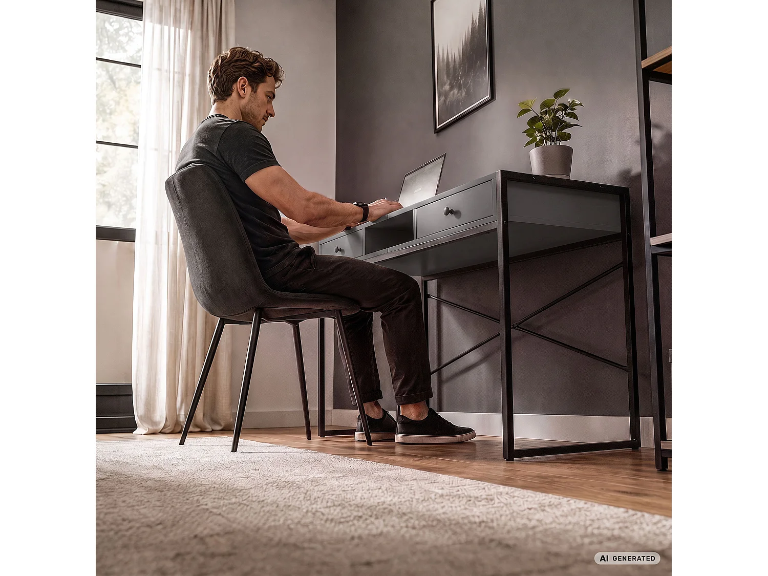Industrieel computerbureau Grafiet ELONIS 123 cm 2 lades 1 plank Zwarte poten