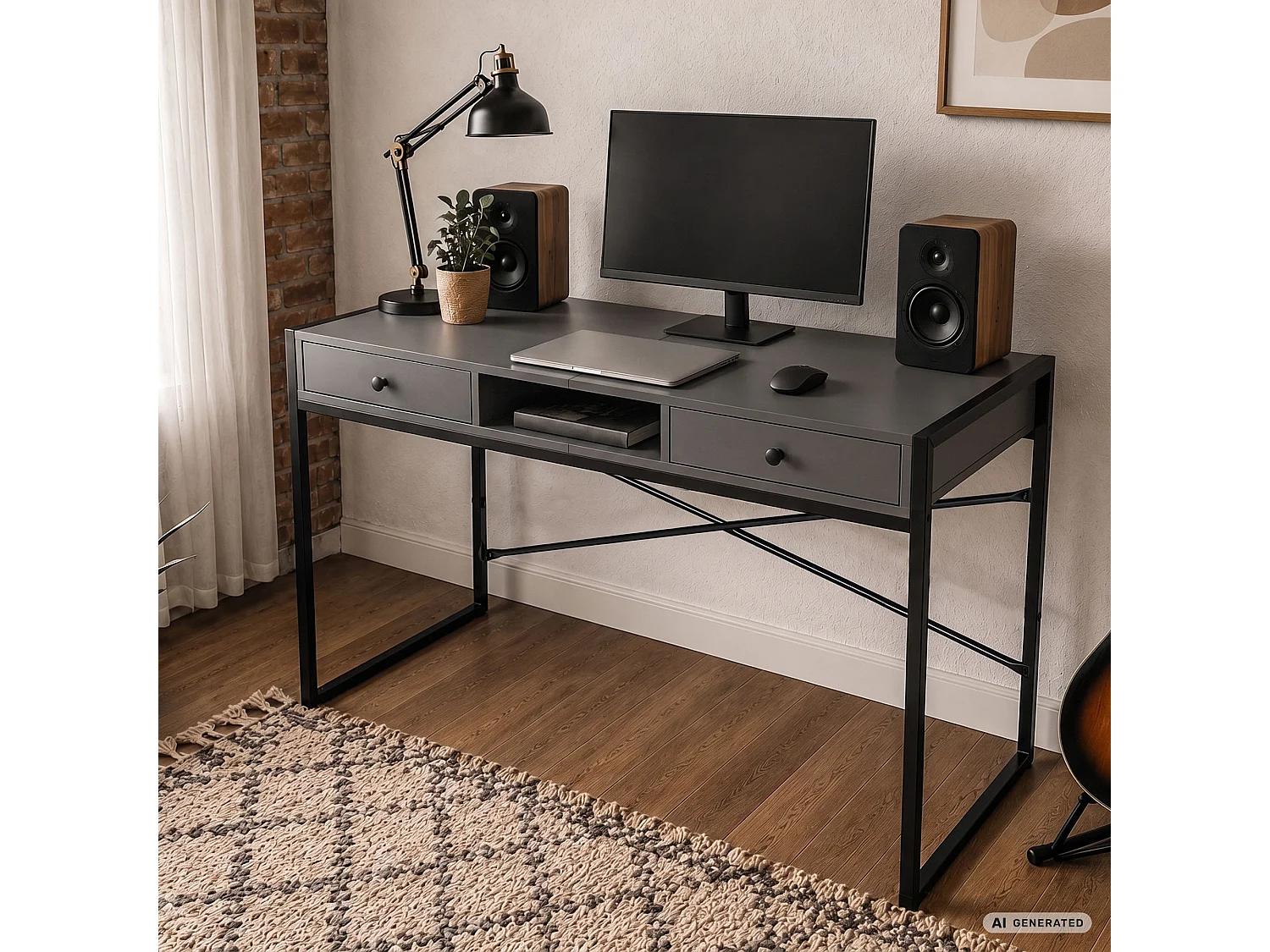 Industrieel computerbureau Grafiet ELONIS 123 cm 2 lades 1 plank Zwarte poten