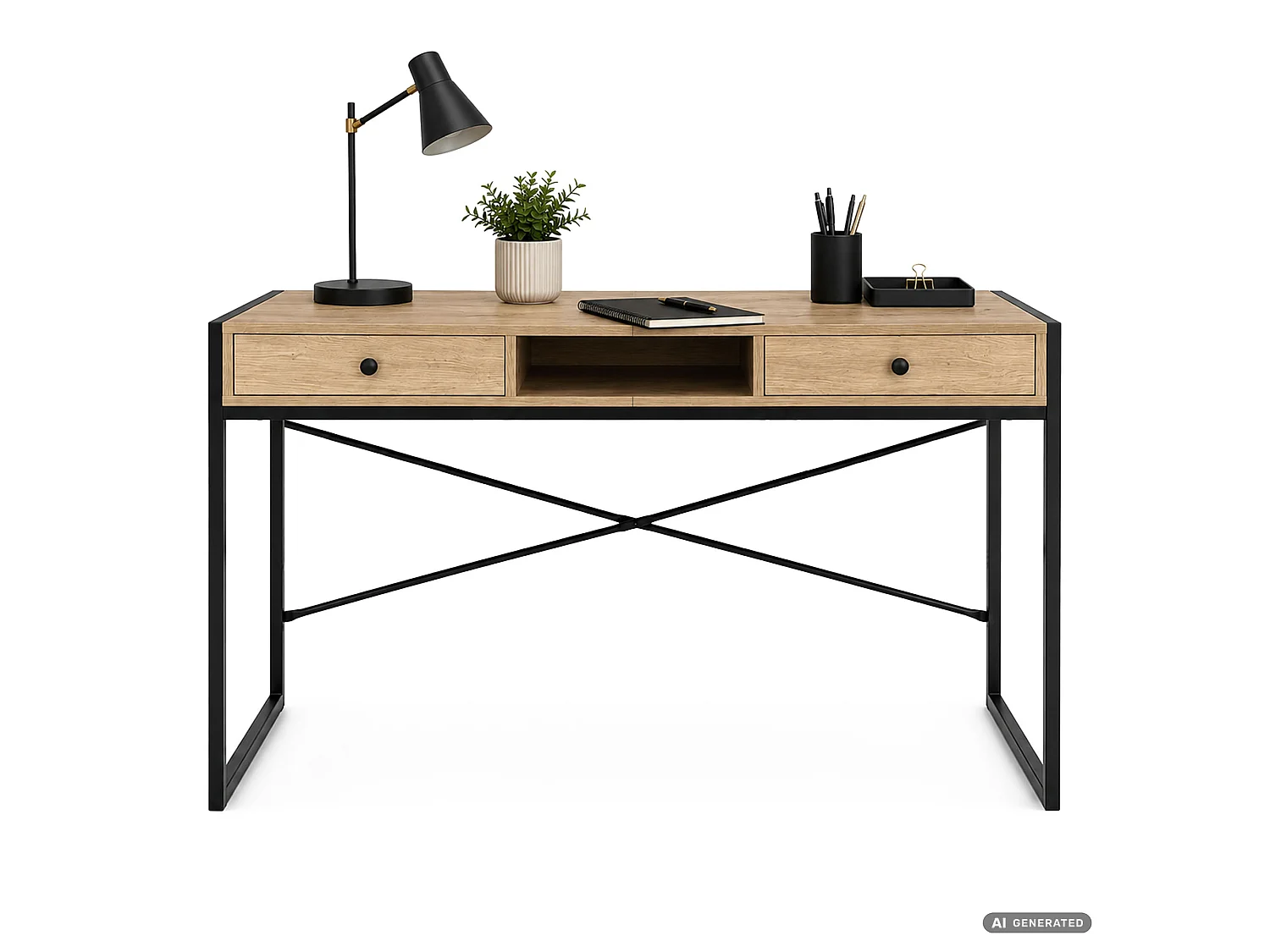 Industrieel computerbureau Artisan eiken ELONIS 123 cm 2 lades 1 plank Zwarte poten