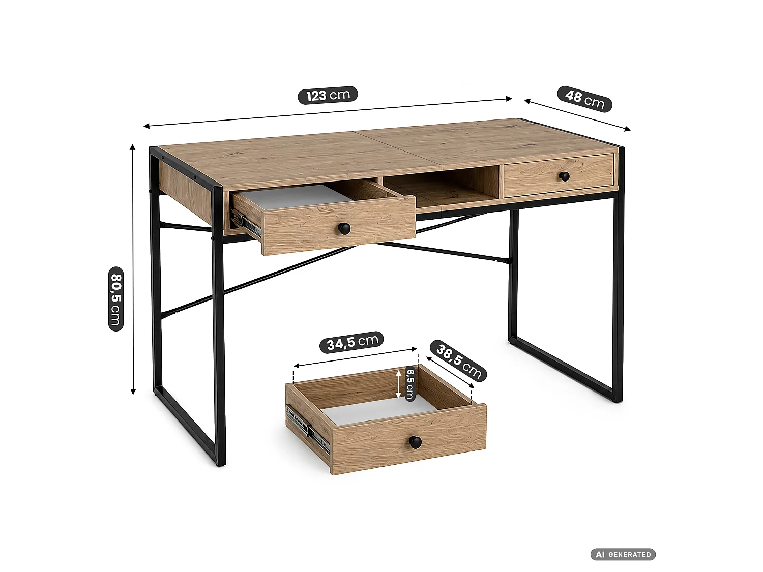 Industrieel computerbureau Artisan eiken ELONIS 123 cm 2 lades 1 plank Zwarte poten