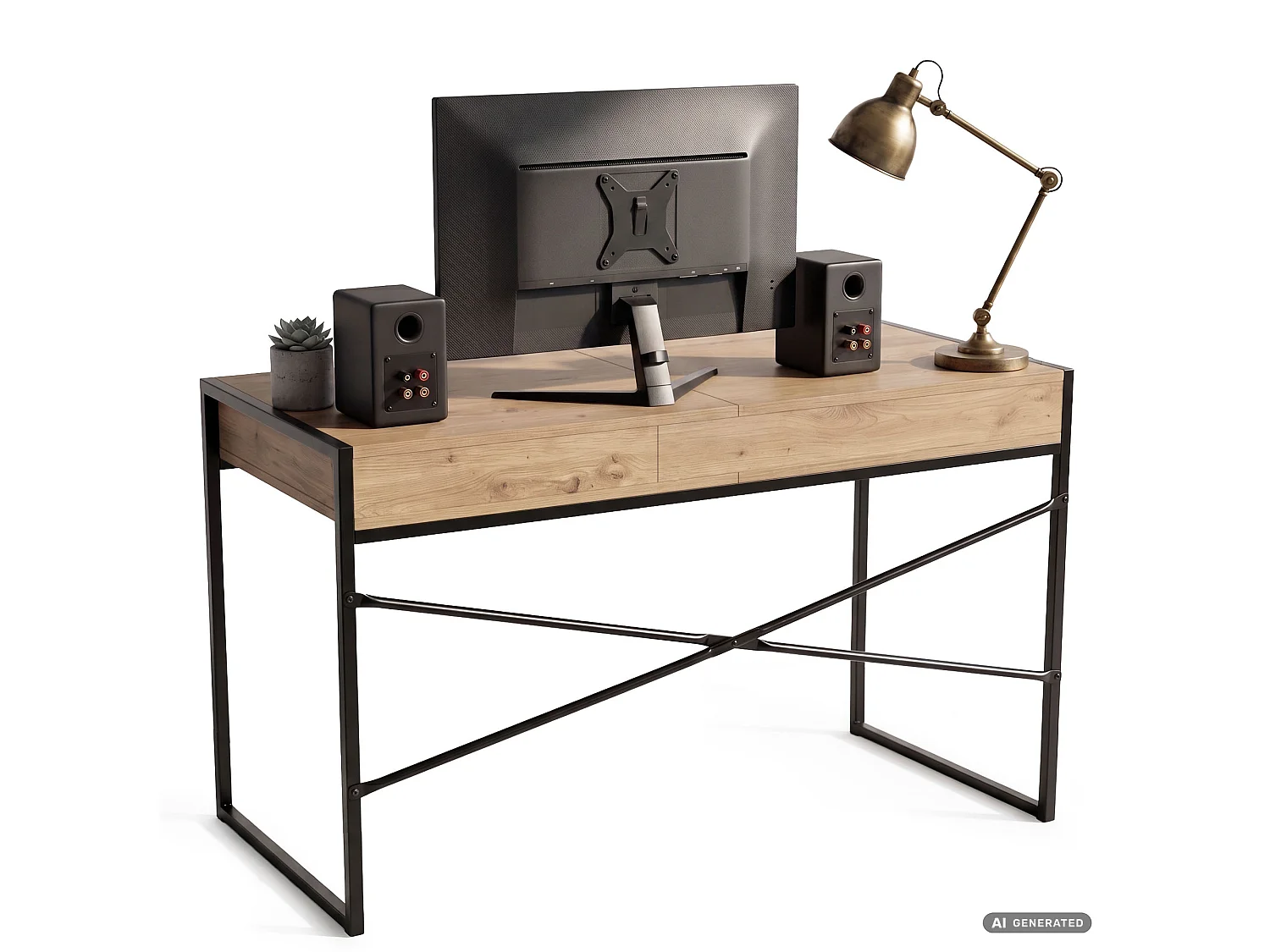 Industrieel computerbureau Artisan eiken ELONIS 123 cm 2 lades 1 plank Zwarte poten