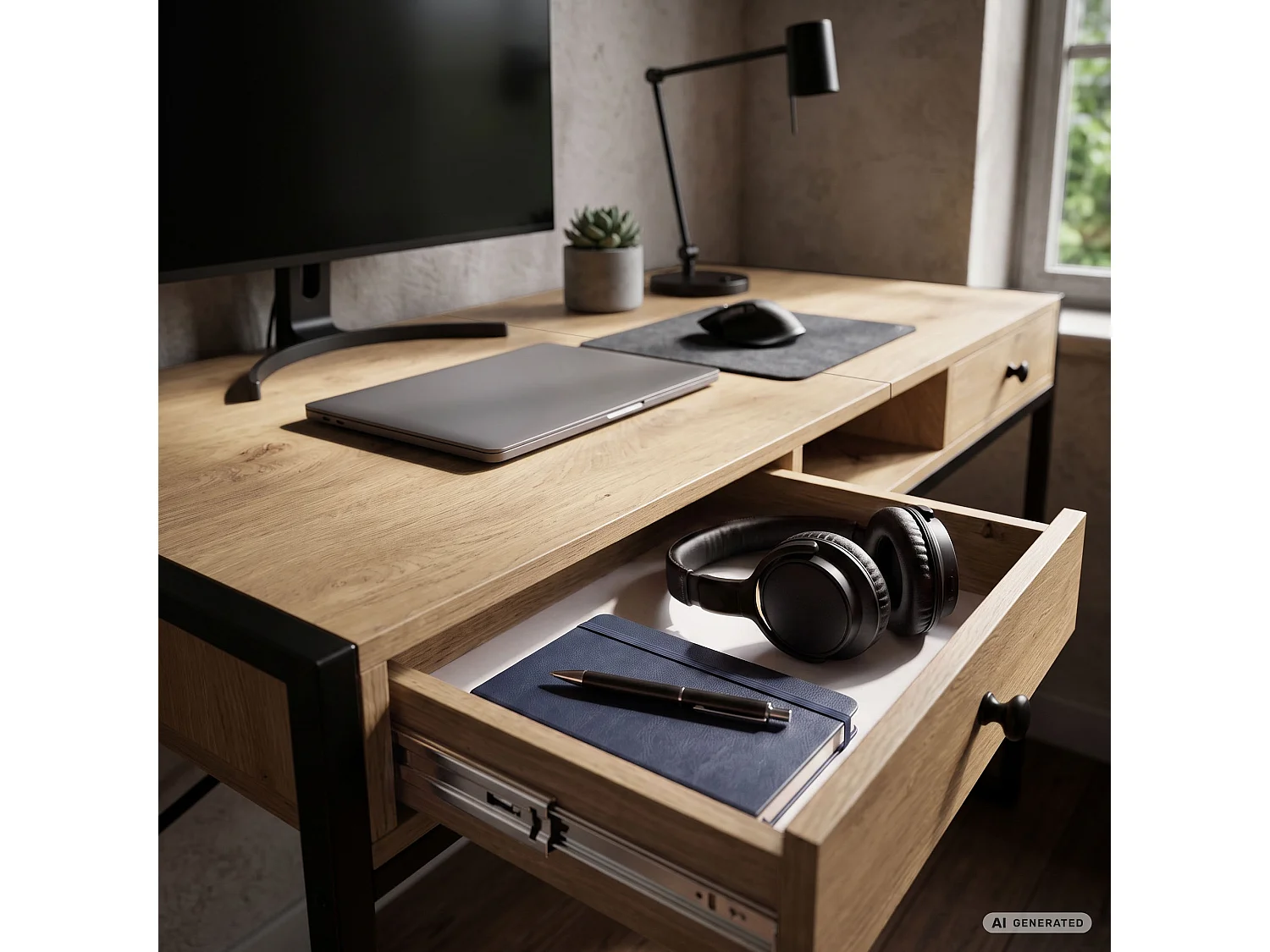 Industrieel computerbureau Artisan eiken ELONIS 123 cm 2 lades 1 plank Zwarte poten