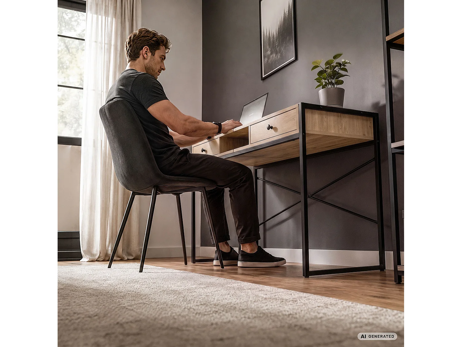 Industrieel computerbureau Artisan eiken ELONIS 123 cm 2 lades 1 plank Zwarte poten