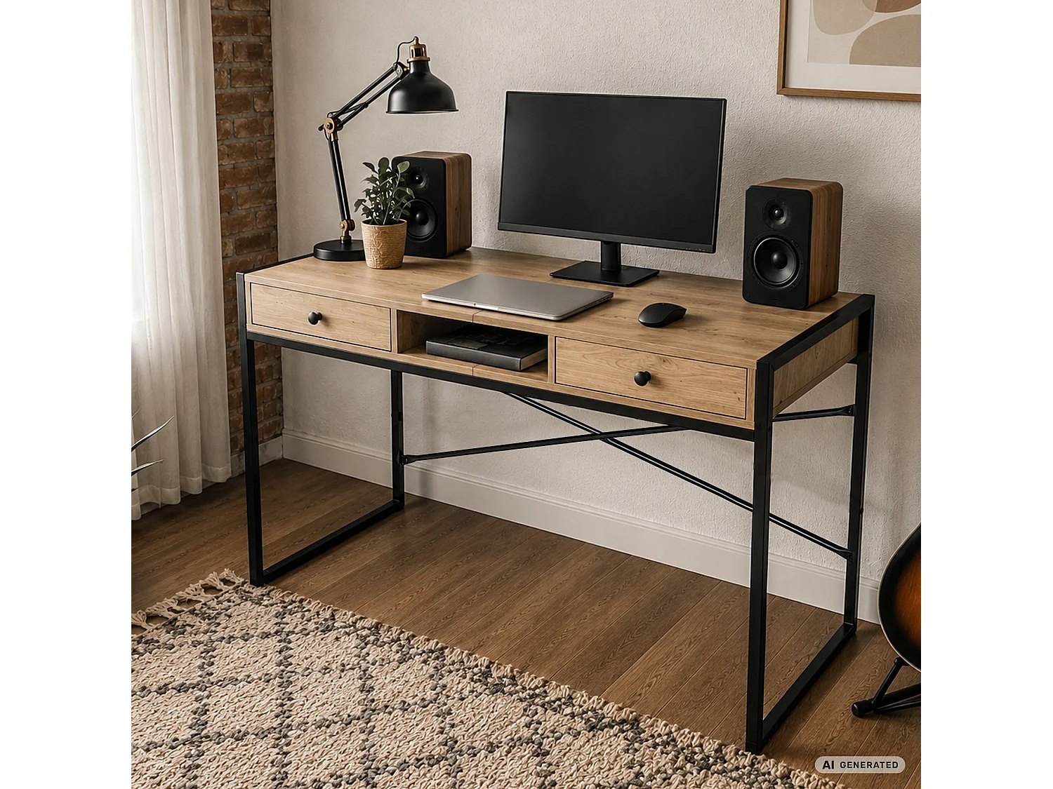 Industrieel computerbureau Artisan eiken ELONIS 123 cm 2 lades 1 plank Zwarte poten