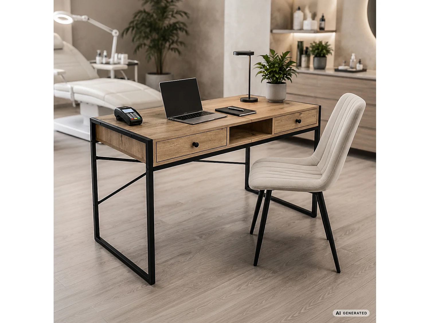 Industrieel computerbureau Artisan eiken ELONIS 123 cm 2 lades 1 plank Zwarte poten