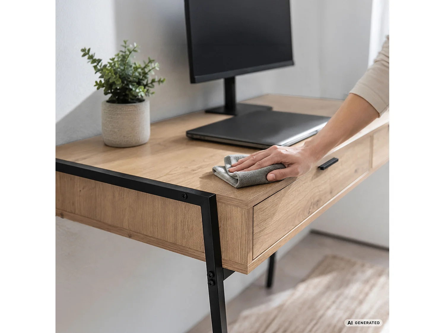 Biurko industrialne komputerowe Dąb Artisan ZENTIA 100 cm 2 szuflady Czarne nogi