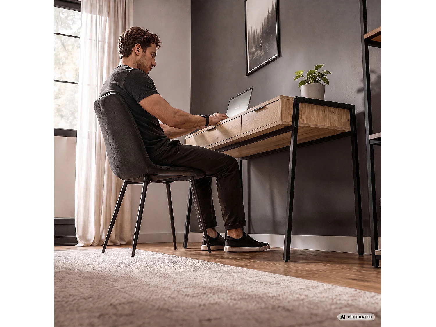 Biurko industrialne komputerowe Dąb Artisan ZENTIA 100 cm 2 szuflady Czarne nogi