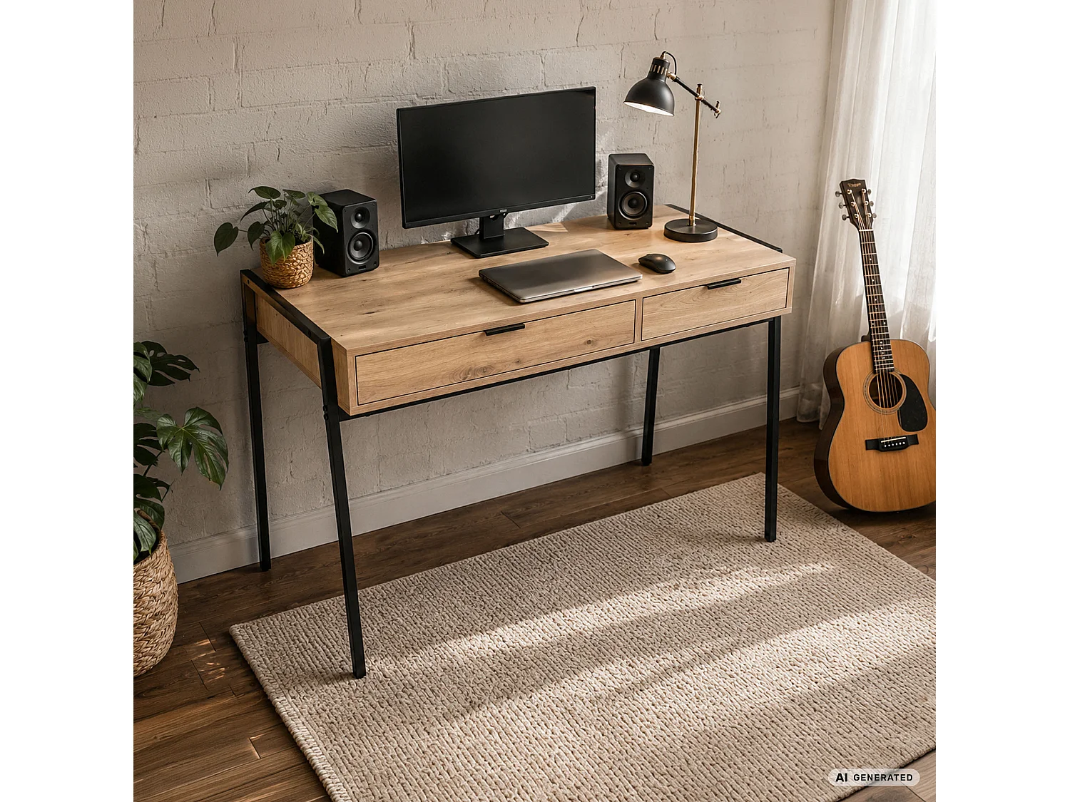 Biurko industrialne komputerowe Dąb Artisan ZENTIA 100 cm 2 szuflady Czarne nogi