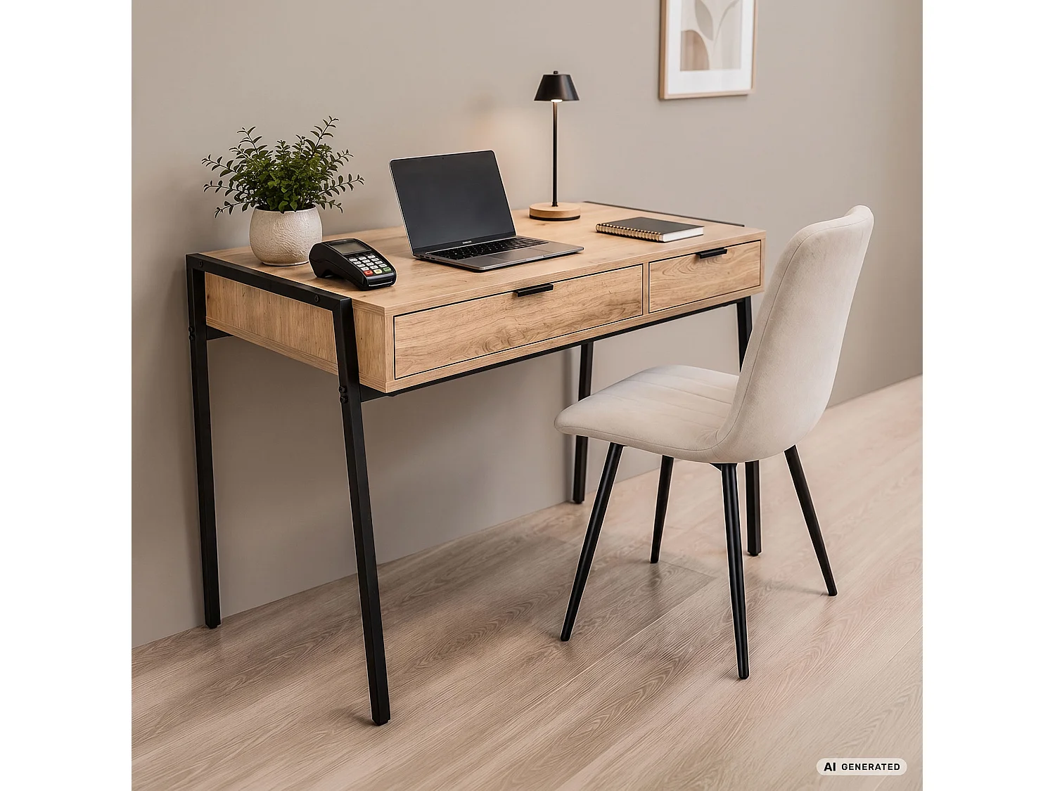 Biurko industrialne komputerowe Dąb Artisan ZENTIA 100 cm 2 szuflady Czarne nogi