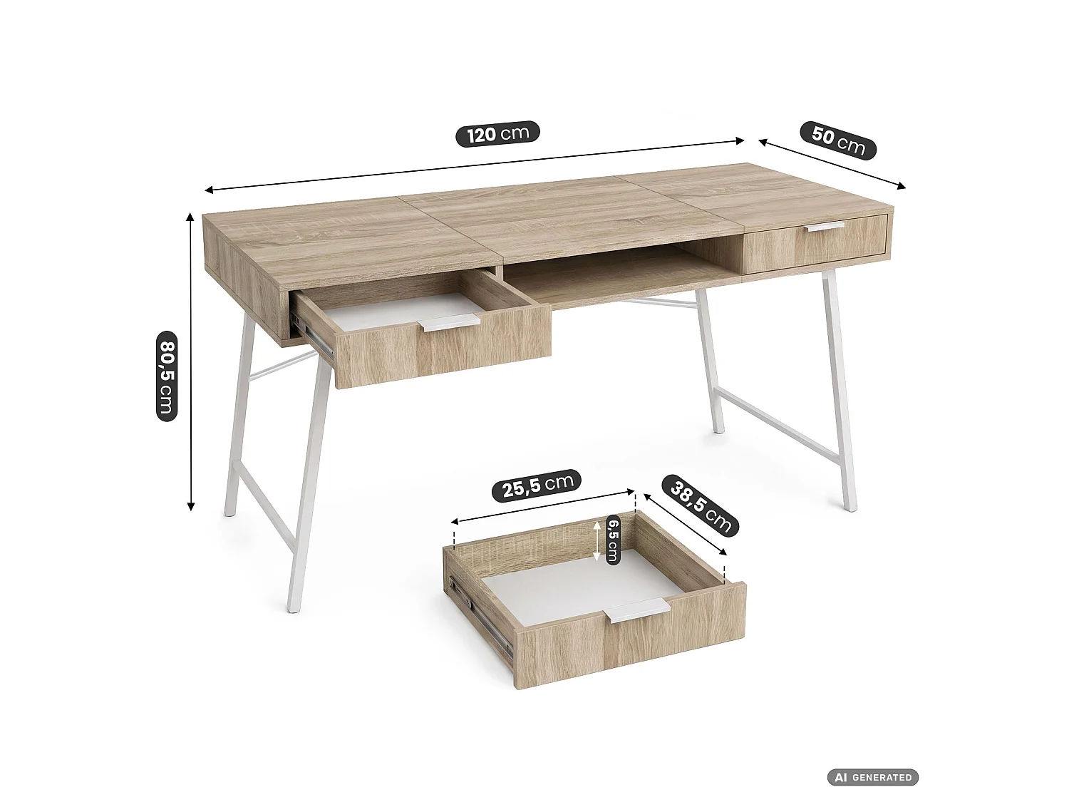 Industrieel computerbureau Sonoma eiken ARDEN 120 cm 2 lades 1 plank Witte poten