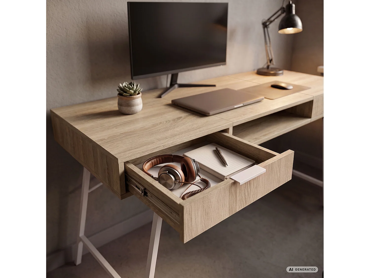 Industrieel computerbureau Sonoma eiken ARDEN 120 cm 2 lades 1 plank Witte poten