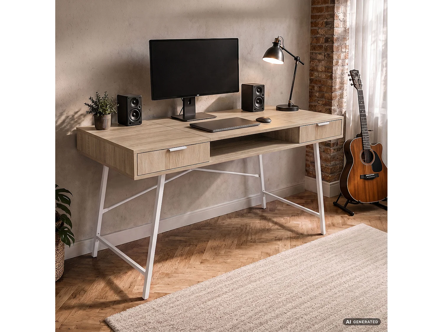 Industrieel computerbureau Sonoma eiken ARDEN 120 cm 2 lades 1 plank Witte poten