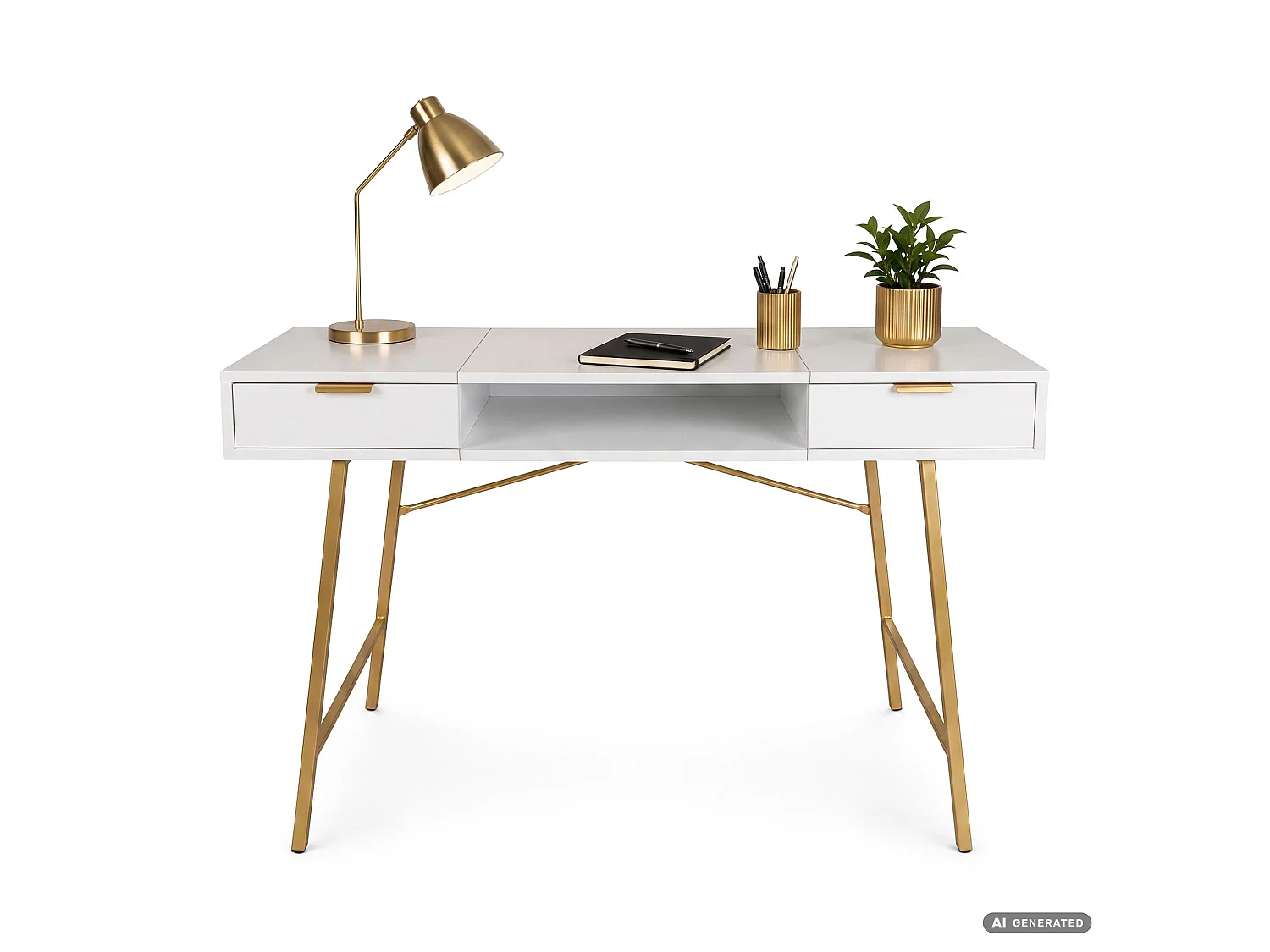 Industrieel computerbureau Wit ARDEN 120 cm 2 lades 1 plank Gouden poten