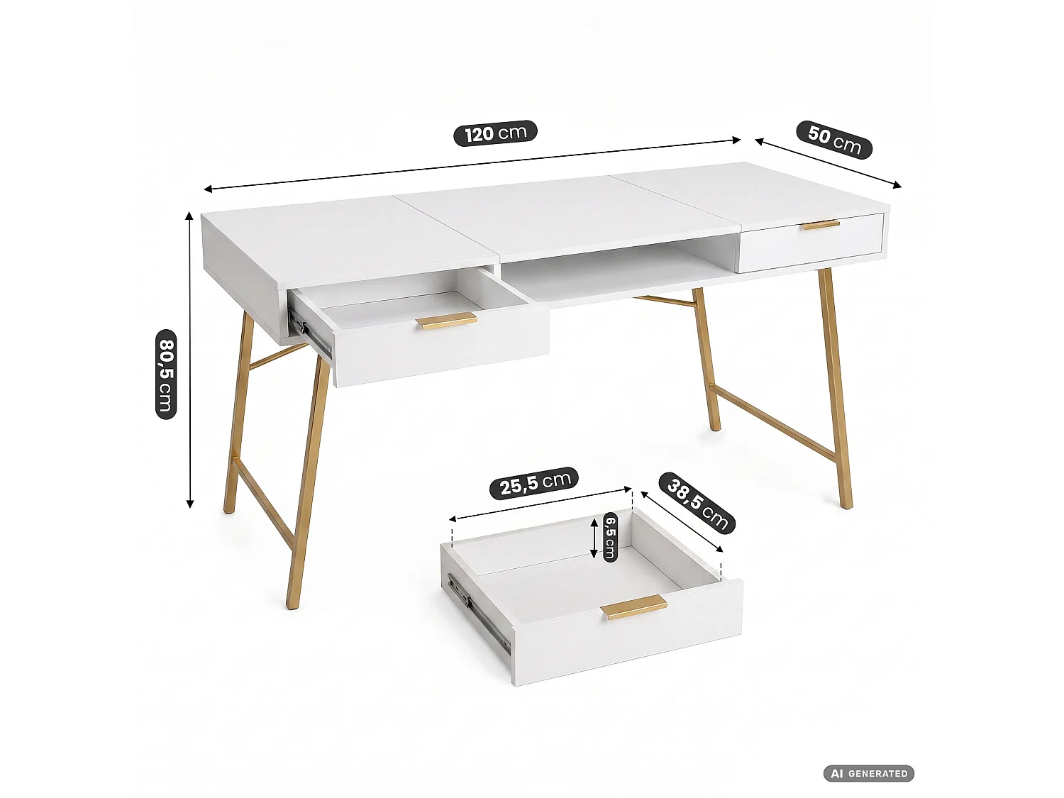 Industrieel computerbureau Wit ARDEN 120 cm 2 lades 1 plank Gouden poten
