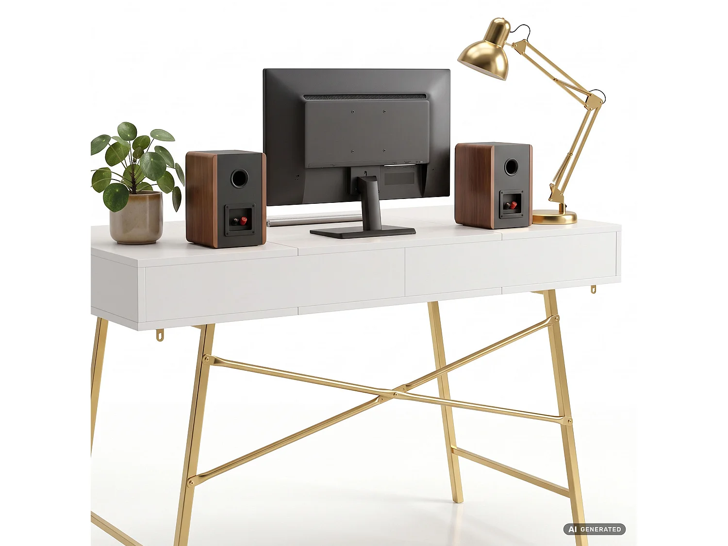 Industrieel computerbureau Wit ARDEN 120 cm 2 lades 1 plank Gouden poten