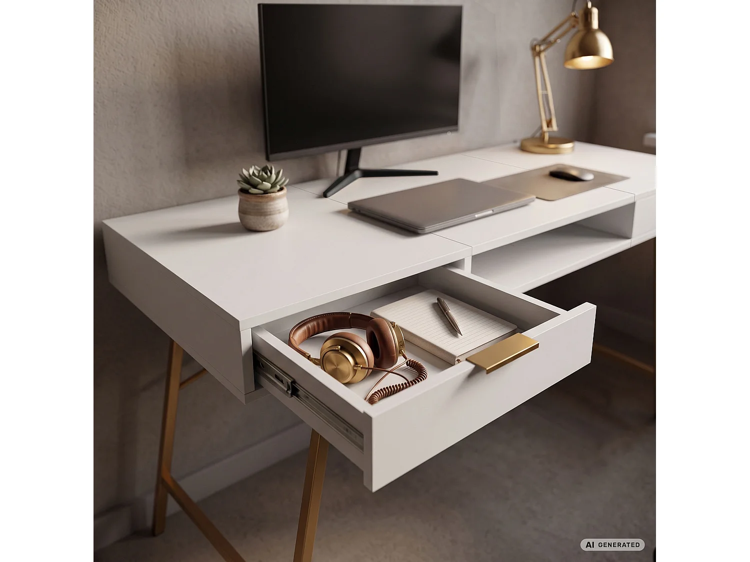 Industrieel computerbureau Wit ARDEN 120 cm 2 lades 1 plank Gouden poten