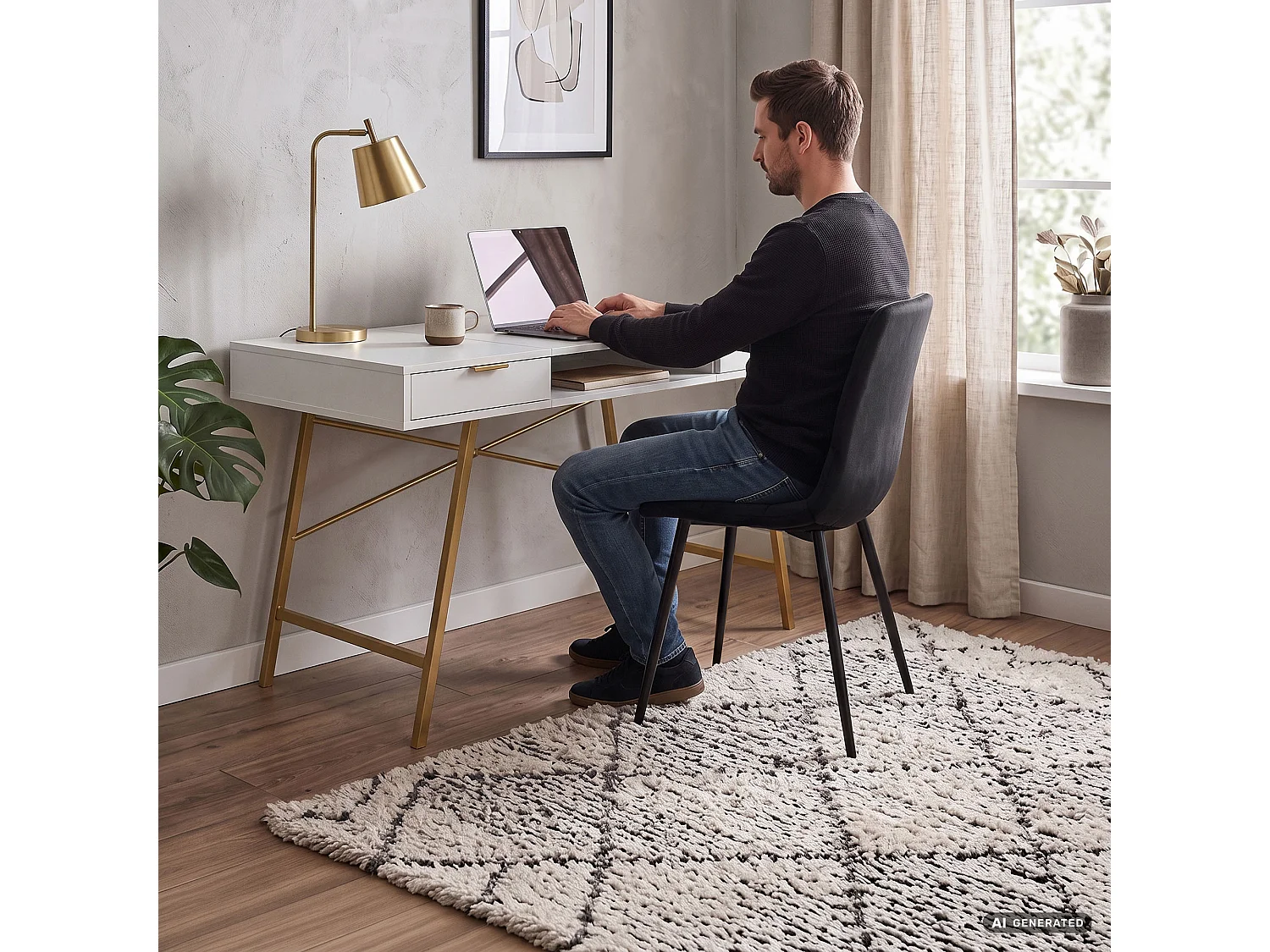 Industrieel computerbureau Wit ARDEN 120 cm 2 lades 1 plank Gouden poten