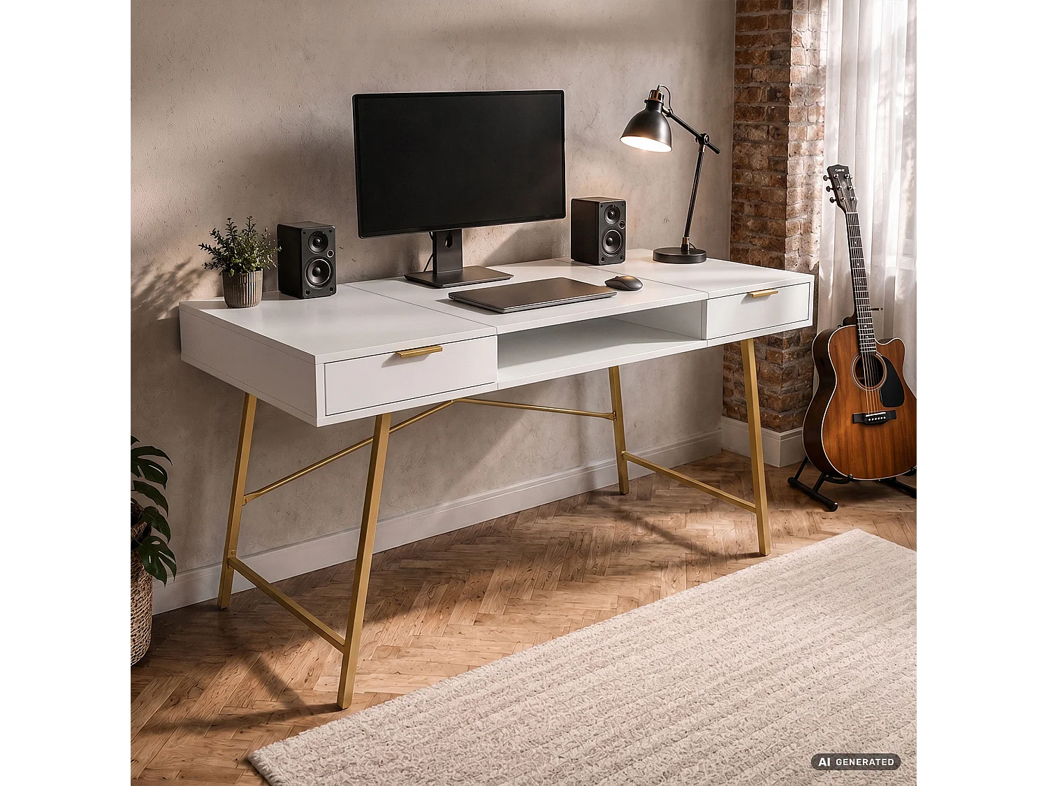 Industrieel computerbureau Wit ARDEN 120 cm 2 lades 1 plank Gouden poten