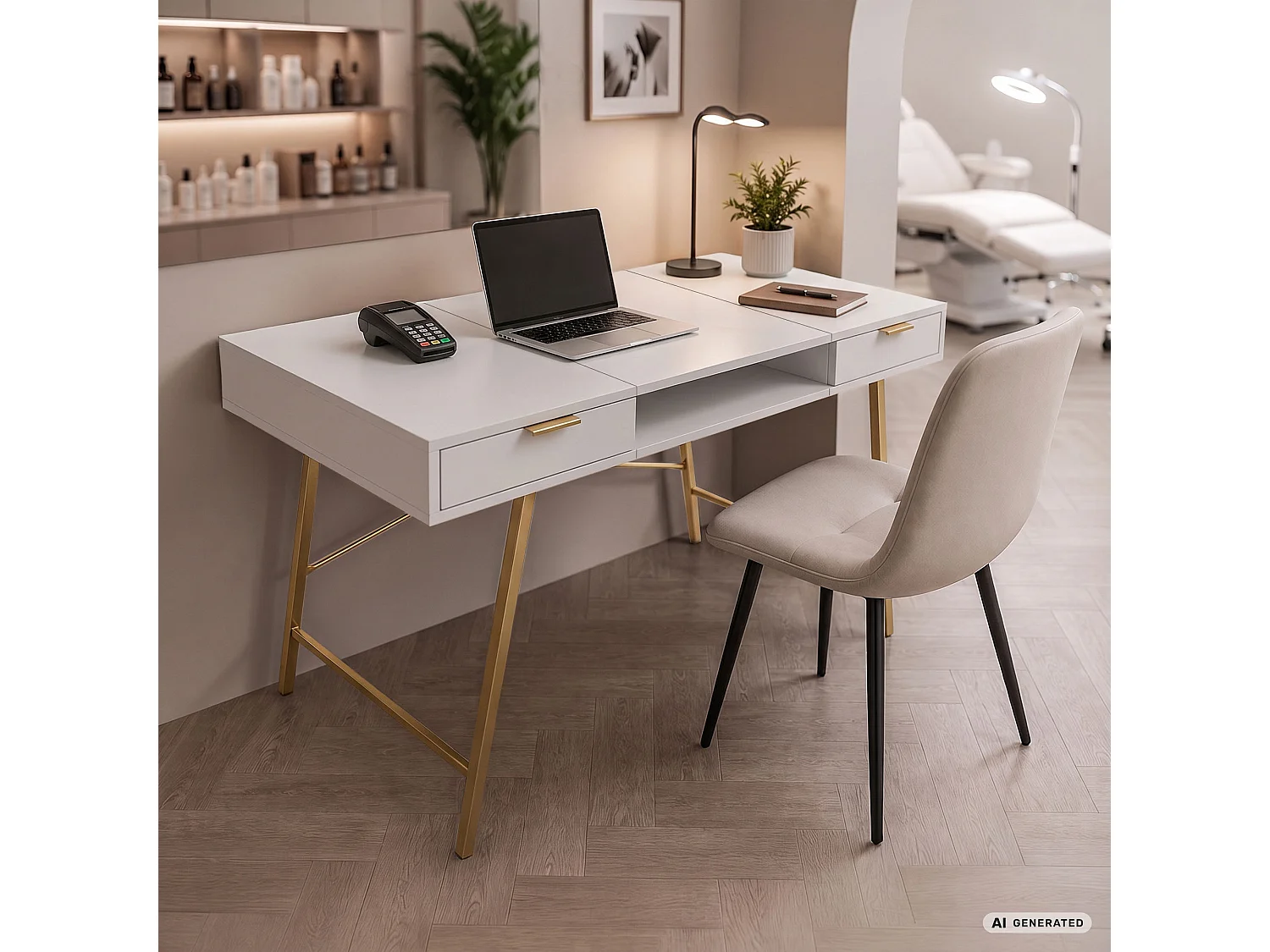 Industrieel computerbureau Wit ARDEN 120 cm 2 lades 1 plank Gouden poten