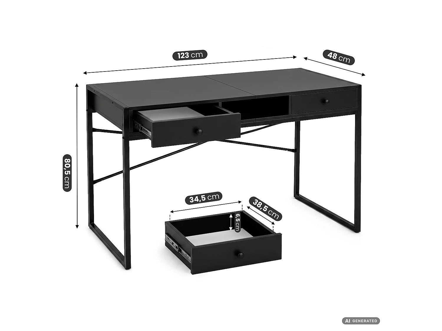 Industrieel computerbureau Zwart ELONIS 123 cm 2 lades 1 plank Zwarte poten