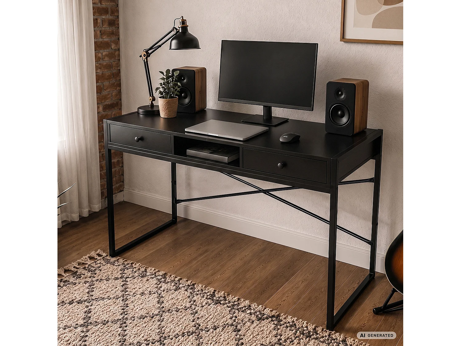 Industrieel computerbureau Zwart ELONIS 123 cm 2 lades 1 plank Zwarte poten