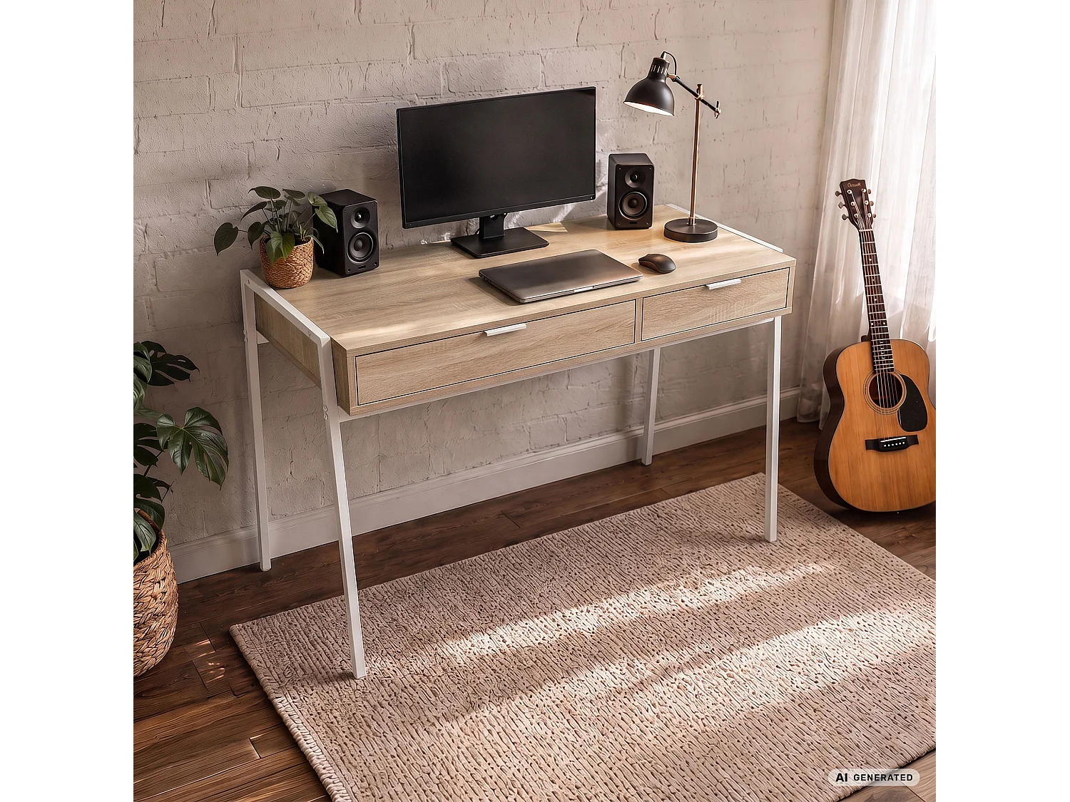 Industrieel computerbureau Sonoma eiken ZENTIA 100 cm 2 lades Witte poten
