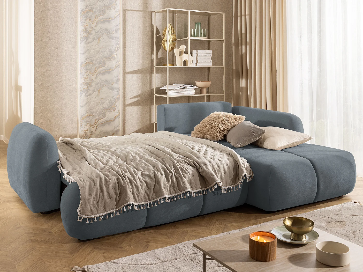 Canapé d’angle avec fonction couchage en tissu tissé LORETTO