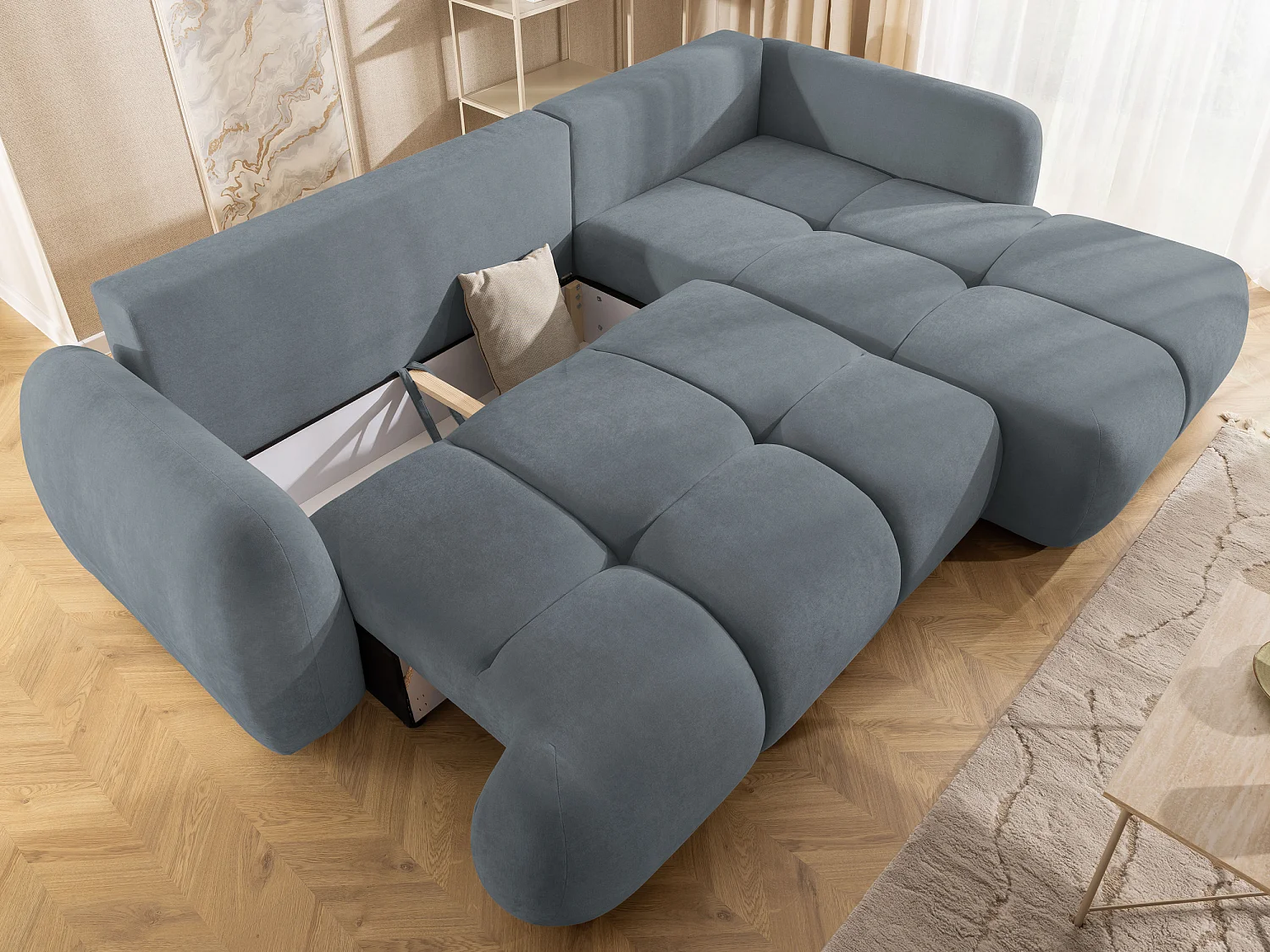 Canapé d’angle avec fonction couchage en tissu tissé LORETTO