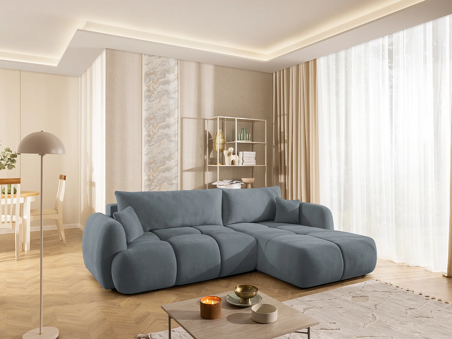 Canapé d’angle avec fonction couchage en tissu tissé LORETTO
