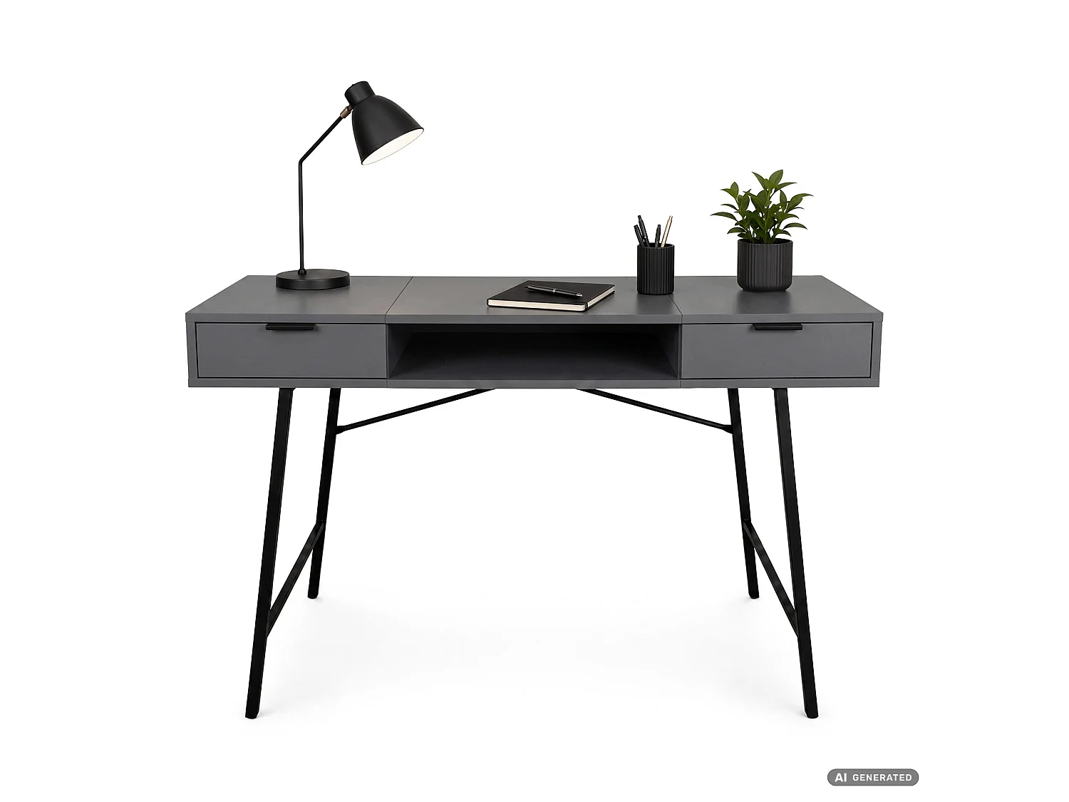 Industrieel computerbureau Grafiet ARDEN 120 cm 2 lades 1 plank Zwarte poten
