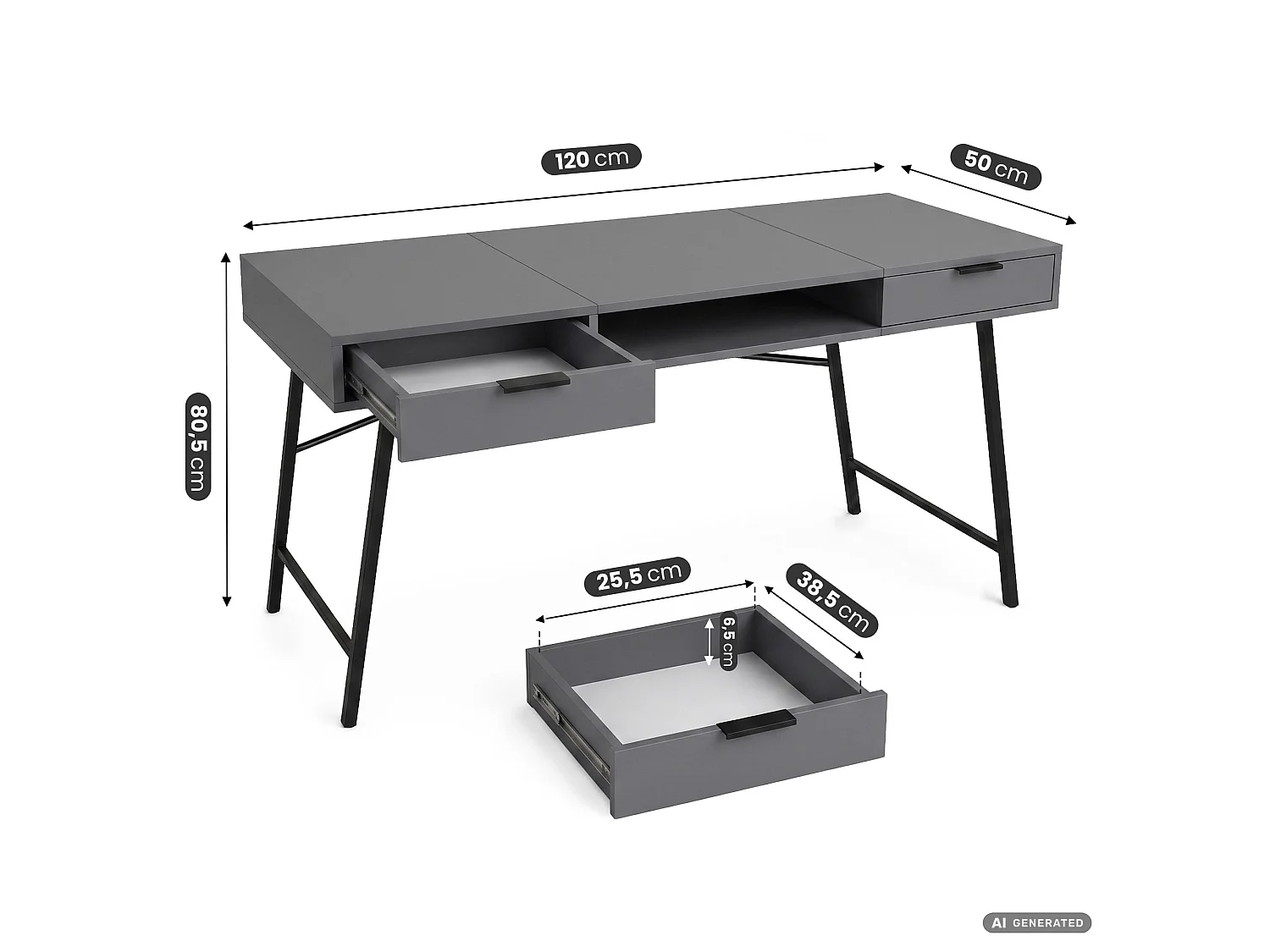 Industrieel computerbureau Grafiet ARDEN 120 cm 2 lades 1 plank Zwarte poten