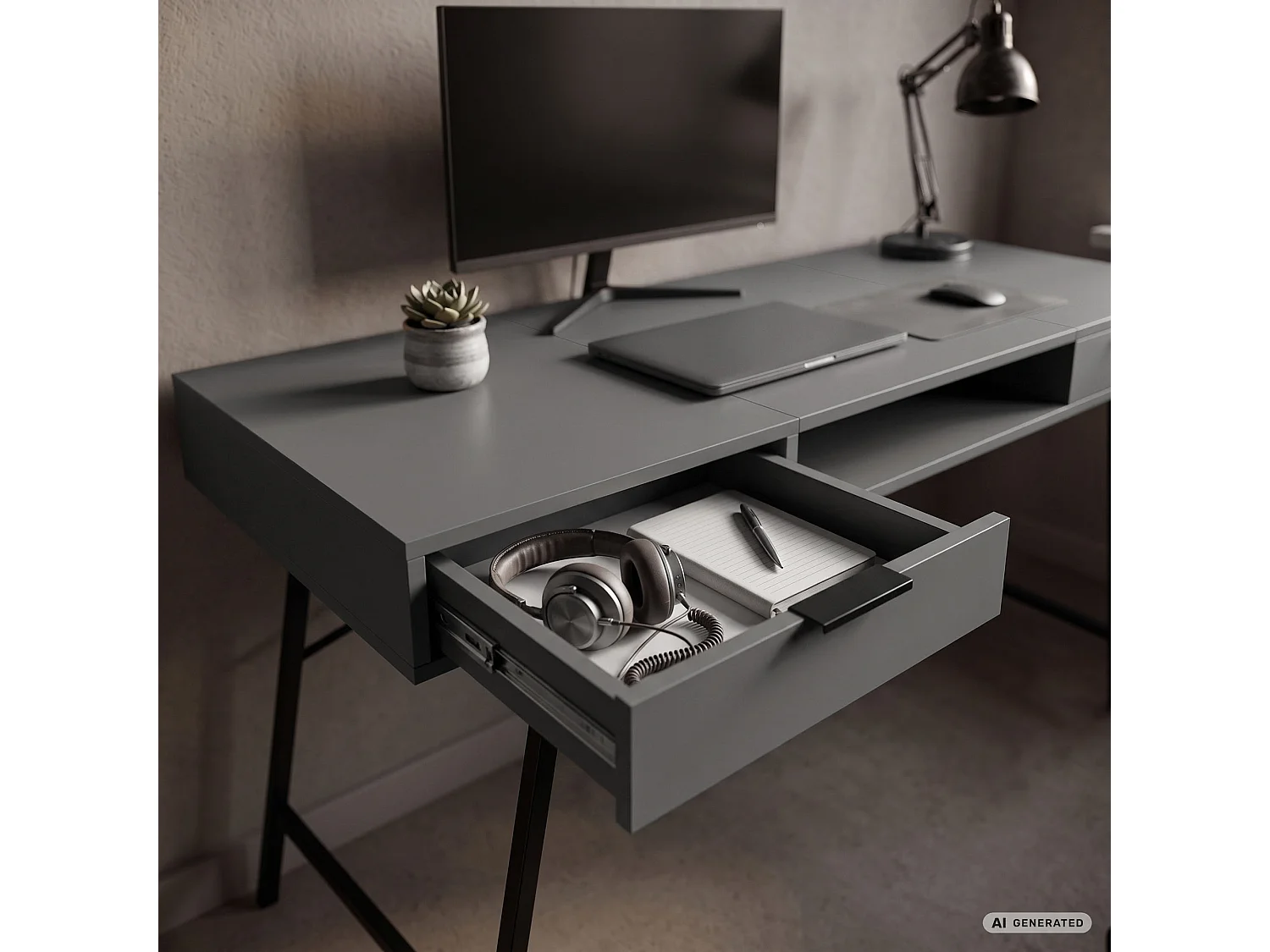 Industrieel computerbureau Grafiet ARDEN 120 cm 2 lades 1 plank Zwarte poten