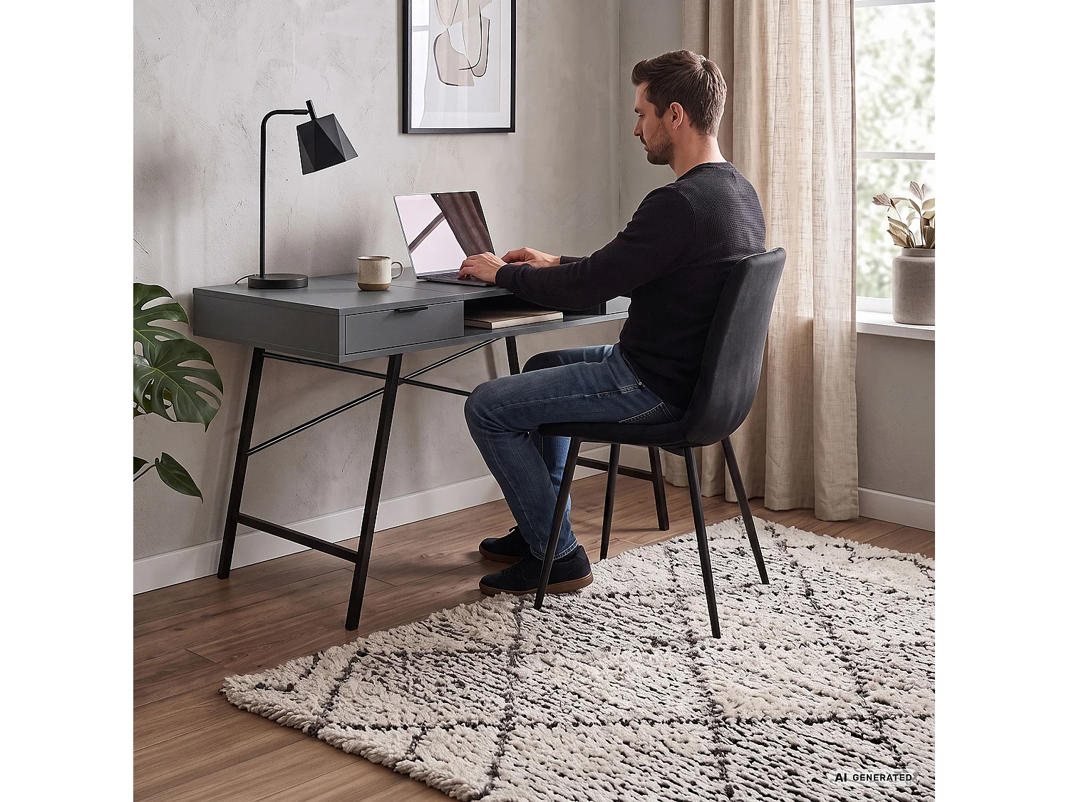 Industrieel computerbureau Grafiet ARDEN 120 cm 2 lades 1 plank Zwarte poten