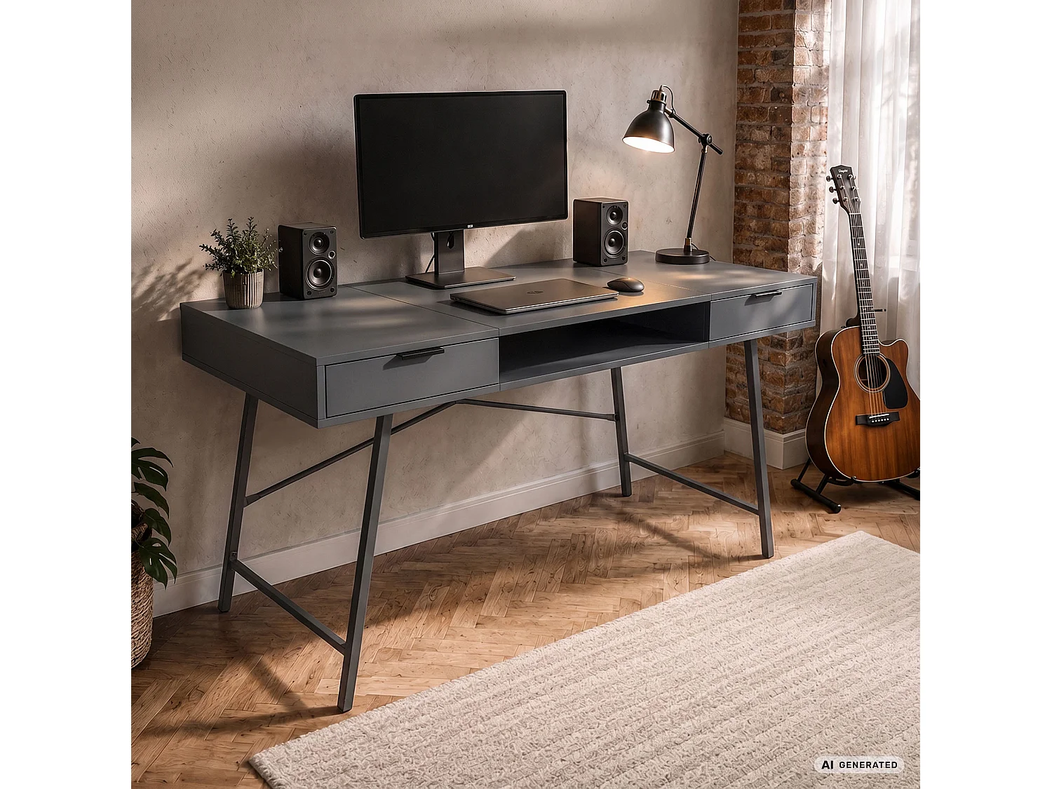 Industrieel computerbureau Grafiet ARDEN 120 cm 2 lades 1 plank Zwarte poten