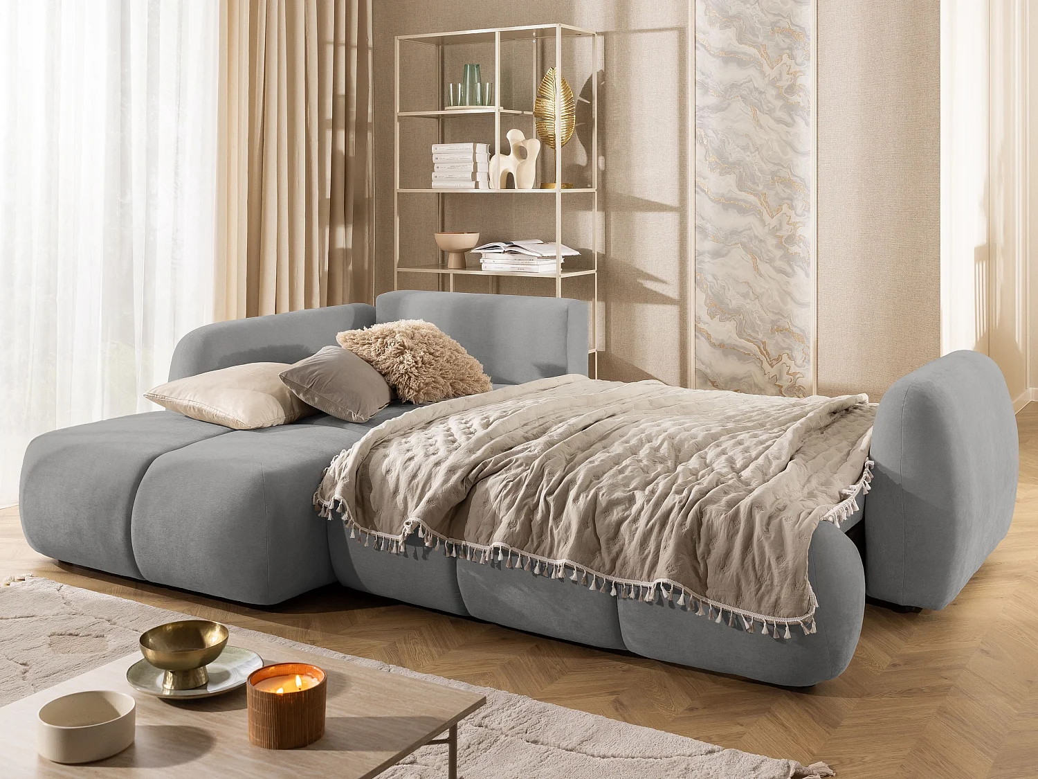 Canapé d’angle avec fonction couchage en tissu tissé LORETTO