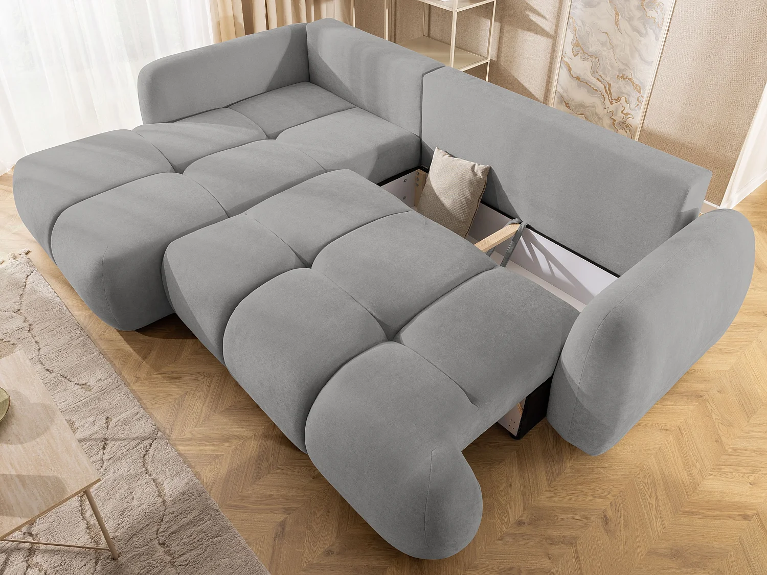 Canapé d’angle avec fonction couchage en tissu tissé LORETTO