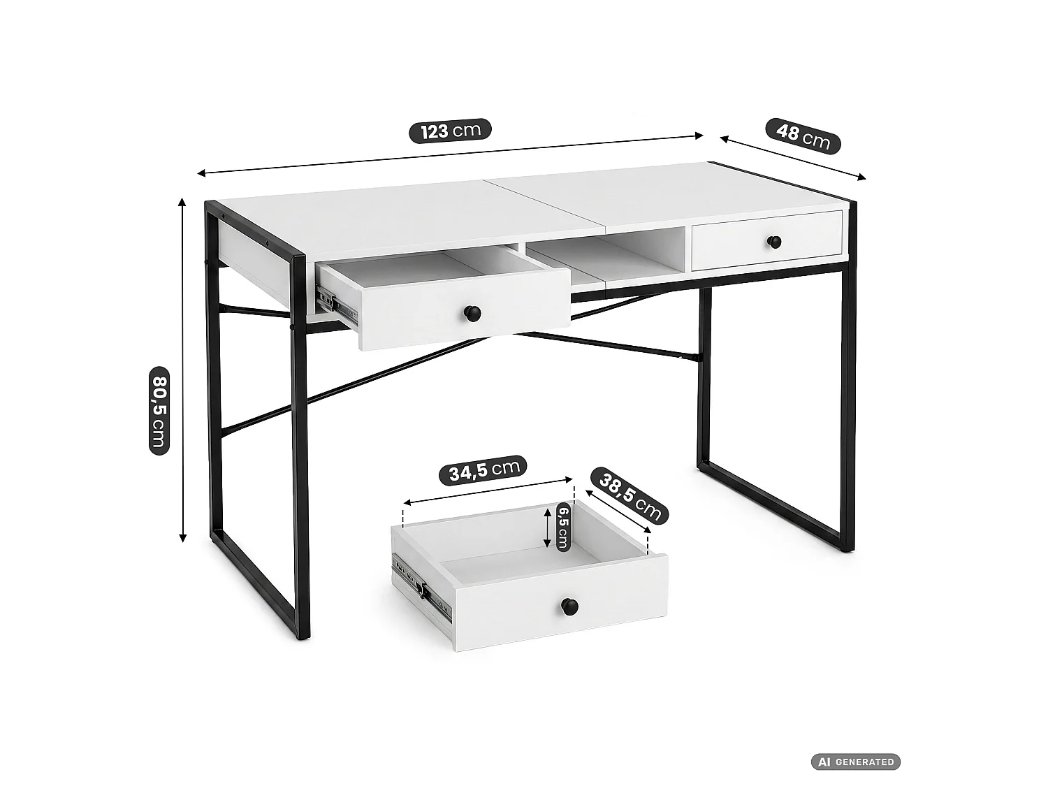 Industrieel computerbureau Wit ELONIS 123 cm 2 lades 1 plank Zwarte poten