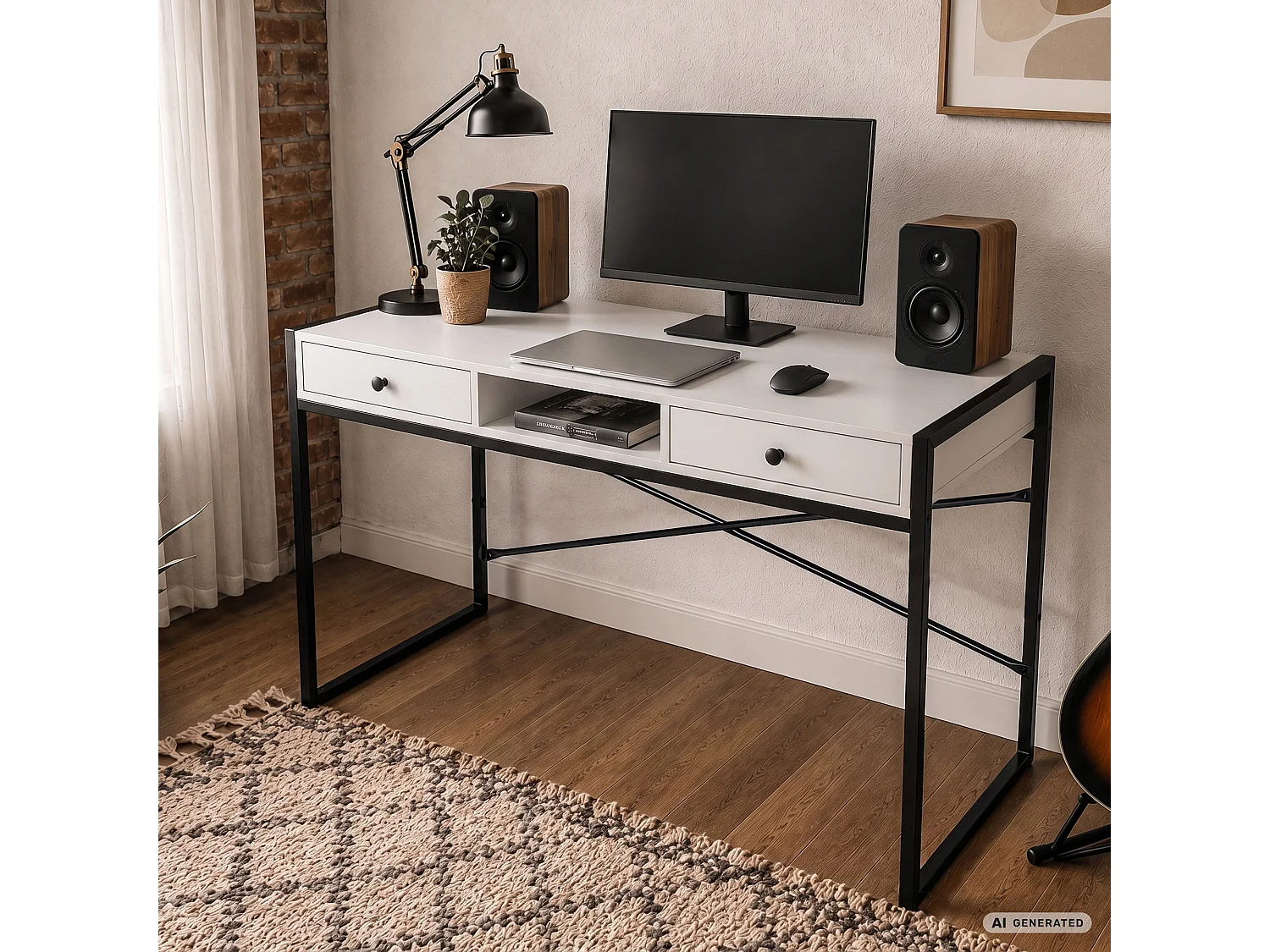 Industrieel computerbureau Wit ELONIS 123 cm 2 lades 1 plank Zwarte poten